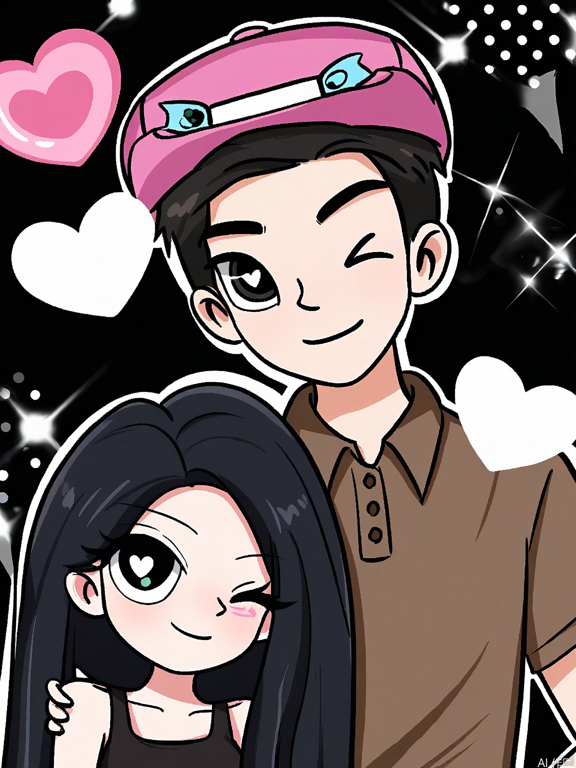 WKX, Cartoon-style digital drawing of a cute couple, a man and a woman, both with large, expressive eyes and black hair. The man has a friendly smile and wears a brown polo shirt. The woman is winking with a playful expression, wearing a black sleeveless top. The background features a heart shape with pink and white colors, surrounded by small pink cartoon characters and sparkling effects. The overall style is whimsical and cute, with a playful and romantic vibe.