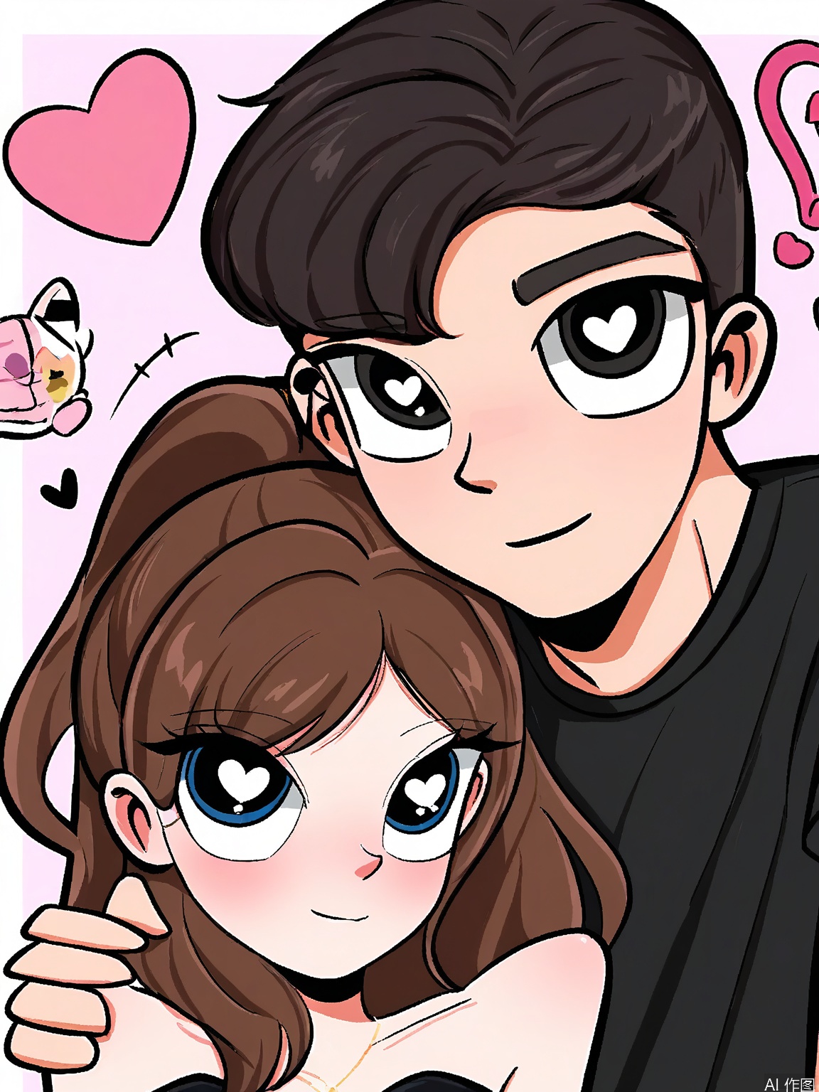 WKX, Anime-style digital drawing of a couple, a man and a woman, both with large, expressive eyes and simple, cute facial features. The man has short, dark hair, wears glasses, and a black t-shirt with a white pattern. The woman has long, brown hair and wears a strapless black dress. They are standing close together, with the woman's hand on the man's shoulder. The background is a black and pink gradient with heart shapes. The art style is reminiscent of Japanese manga, with clean lines and bright colors.