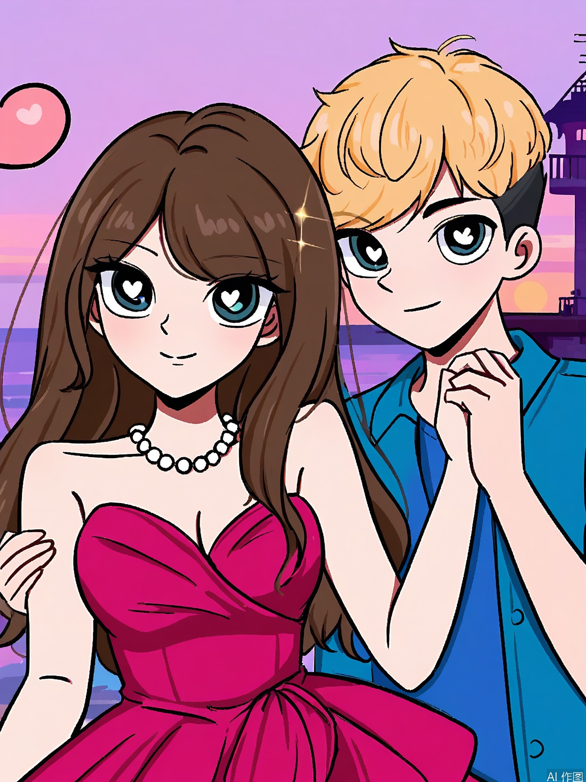 WKX, Anime-style illustration of a couple standing together, holding hands, with a small white dog between them. The man has short, blonde hair, and the woman has long, dark hair. Both have large, expressive eyes and are wearing heart-shaped sunglasses. They are standing in front of a lighthouse at sunset, with a pink and purple sky in the background. The woman is wearing a strapless dress with a pearl necklace. The dog has a cute, happy expression. The overall style is cute and romantic.