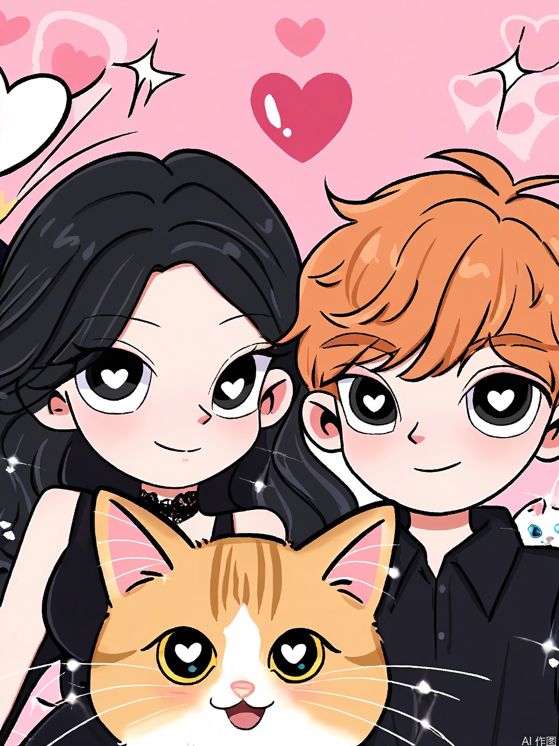 WKX, Anime-style drawing of a young couple with large, expressive eyes. The girl has short black hair with a large bow, wearing a black dress with a lace collar, and a choker. The boy has short, curly black hair and is wearing a black shirt. Both characters have heart-shaped pupils. They are holding a small, cute cat with a white face and orange body. The background is black with white heart shapes and sparkles. The style is cute and whimsical.
