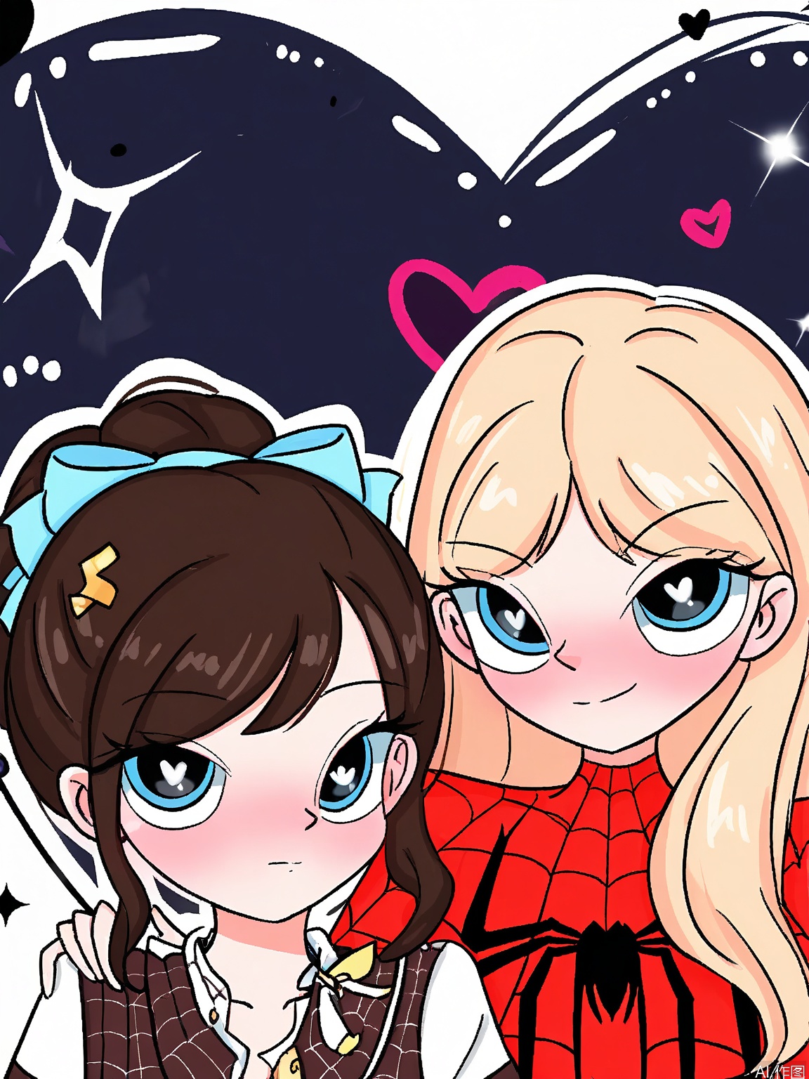 WKX, Anime-style drawing of two young women with large, expressive eyes and blushing cheeks. Both wear red and black plaid shirts with Spider-Man logos. The woman on the left has long, dark brown hair and a small, shy smile, while the woman on the right has blonde hair tied in a bun and a playful, confident expression. They are making peace signs with their hands. The background features a black and white heart motif with sparkles.