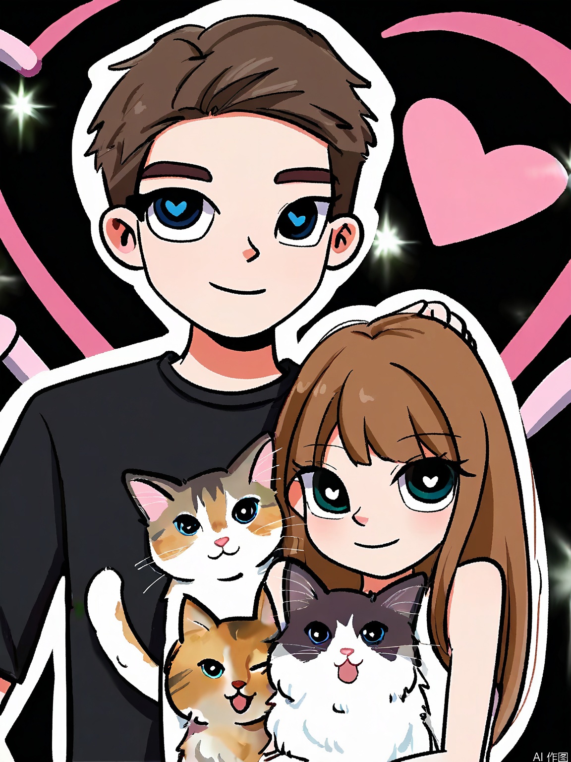 WKX, A digital illustration featuring a cute, anime-style couple with two fluffy cats and a fluffy dog. The man has short brown hair, glasses, and a black shirt, while the woman has long brown hair and a white top. Both are smiling and holding cats. The background is a pink heart with a black outline. The overall style is kawaii and playful.