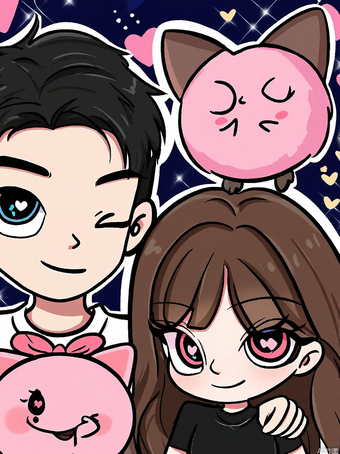 WKX, Anime-style drawing of two characters, a boy and a girl, standing close together. The boy has short black hair and is wearing a black shirt. The girl has long brown hair with bangs and is wearing a white t-shirt with a floral design. Both characters have large, expressive eyes and are smiling. The background is black with pink hearts and sparkles. The drawing has a cute, chibi style with thick outlines and vibrant colors. The girl is winking and giving a peace sign with her hand. The boy is standing behind her, resting his hand on her shoulder.