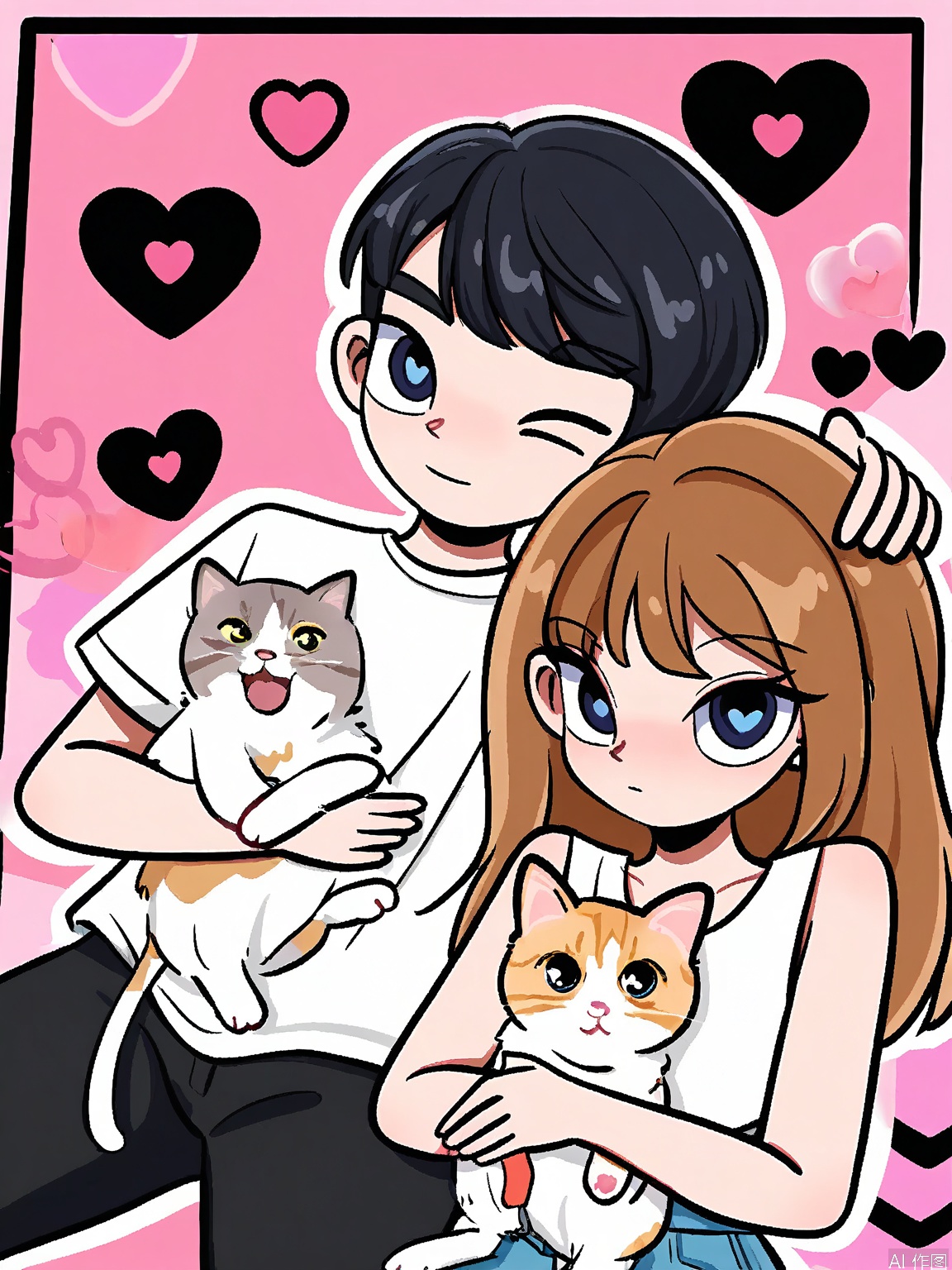 WKX, Anime-style drawing of a couple with short black hair and long brown hair, both wearing white shirts with cat designs. The couple is holding two small, cute cats. The background is black with pink and white heart shapes. The man has a heart-shaped mark on his cheek, and the woman has a heart-shaped mark on her forehead. The drawing has a playful and cute style.