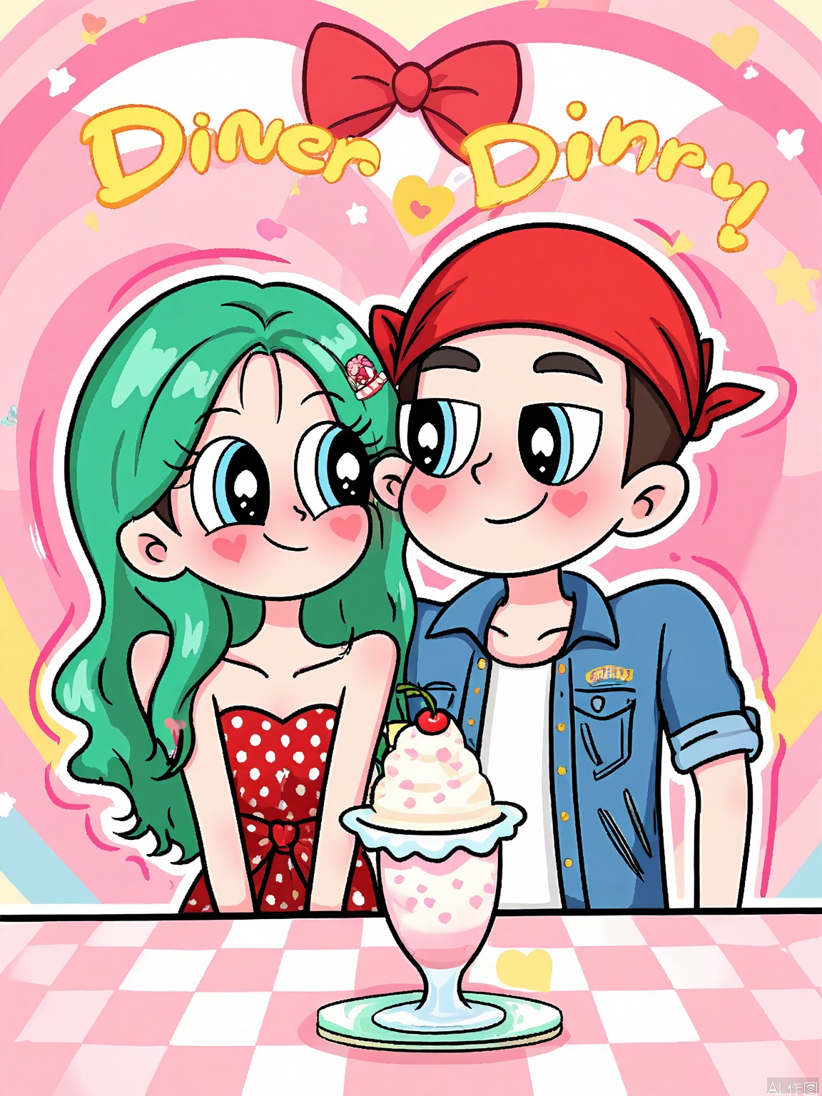 XDGZ, Digital drawing of a cute anime couple, a boy and a girl, sharing a milkshake at a retro diner. The girl has long, wavy red hair with a cherry hairpin, big round eyes, and is wearing a polka dot dress with a red bow. The boy has short green hair, mischievous eyes, and is wearing a denim jacket with a bandana. Both have blushing cheeks and are smiling at each other. The background is a 50s-style diner with checkered floors and neon signs, in shades of pink and mint green. The art style is nostalgic and playful, with a pastel color palette.