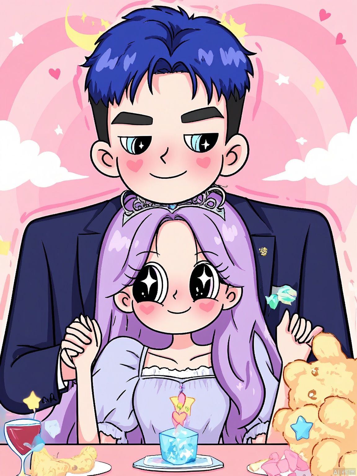 XDGZ, Digital drawing of a cute anime couple, a boy and a girl, sitting side by side on a fluffy cloud. The girl has long, curly purple hair with a silver tiara, big sparkling eyes, and is wearing a lavender dress with a moon pendant. The boy has spiky blue hair, bright eyes, and is wearing a navy blue suit with a star pin. Both have blushing cheeks and are holding hands. The background is a dreamy sky with soft pink and purple hues, filled with tiny stars and floating hearts. The art style is whimsical and enchanting, with a pastel color palette.