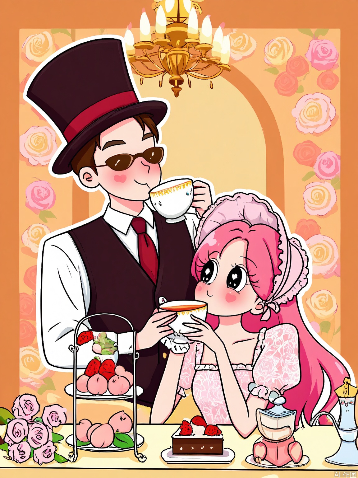 XDGZ, Digital drawing of a cute anime couple, a boy and a girl, having a tea party together. The girl has long, peach hair with a bonnet, delicate eyes, and is wearing a frilly dress with a lace shawl. The boy has short lavender hair, polite eyes, and is wearing a waistcoat with a top hat. Both have rosy cheeks and are sipping tea from delicate cups. The background is a Victorian-style tea room with floral wallpaper and a chandelier, in shades of pinks and golds. The art style is elegant and refined, with a soft, pastel color palette.