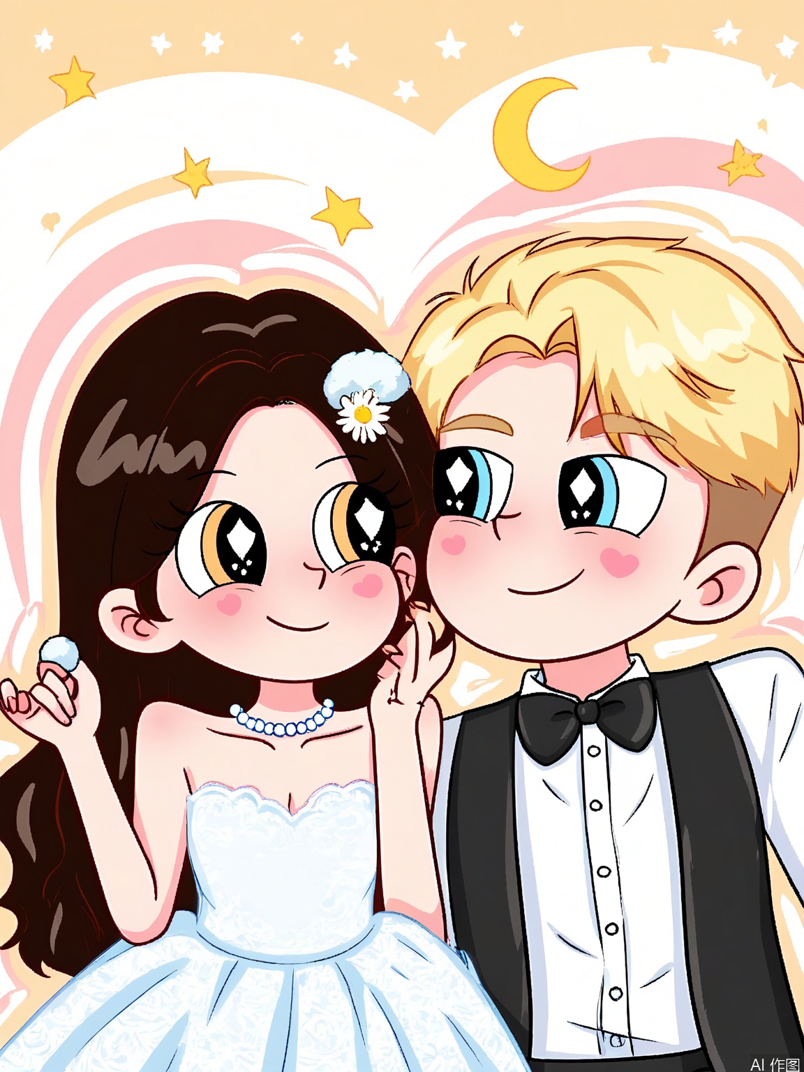 XDGZ, Digital drawing of a cute anime couple, a boy and a girl, dancing under a starry night sky. The girl has long, straight blonde hair with a daisy hairpin, wide innocent eyes, and is wearing a white lace dress with a pearl necklace. The boy has short black hair, intense eyes, and is wearing a black tuxedo with a silver bowtie. Both have rosy cheeks and are twirling around gracefully. The background is a night sky with a crescent moon and twinkling stars, with a soft gradient of blues and purples. The art style is romantic and ethereal, with a soft, pastel color palette.