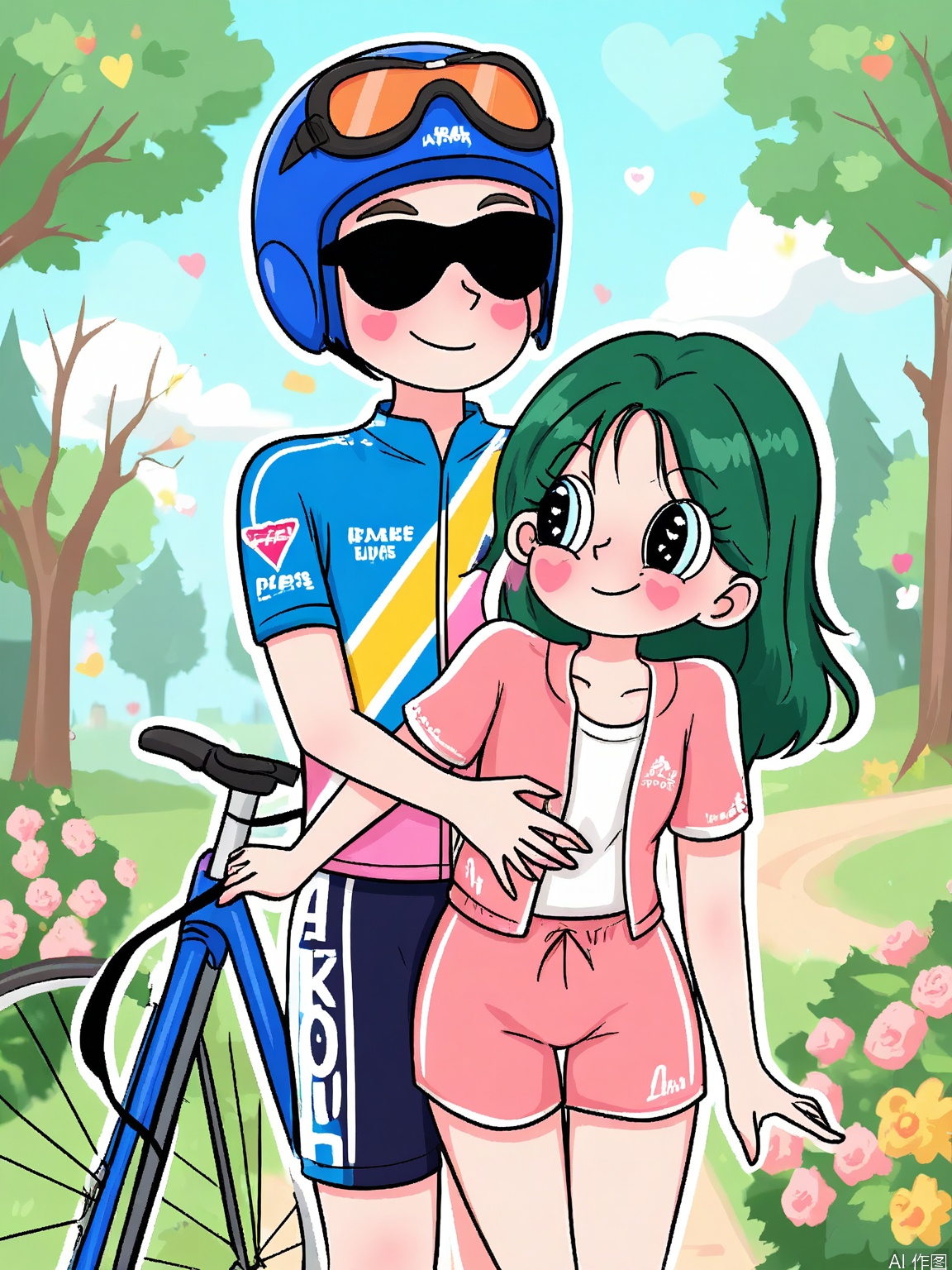 XDGZ, Digital drawing of a cute anime couple, a boy and a girl, riding bicycles together in a park. The girl has long, sky blue hair with a helmet, happy eyes, and is wearing a cycling jersey with shorts. The boy has short forest green hair, carefree eyes, and is wearing a biking outfit with goggles. Both have blushing cheeks and are smiling as they ride. The background is a park with trees and a bike path, in shades of greens and blues. The art style is active and outdoorsy, with a soft, pastel color palette.