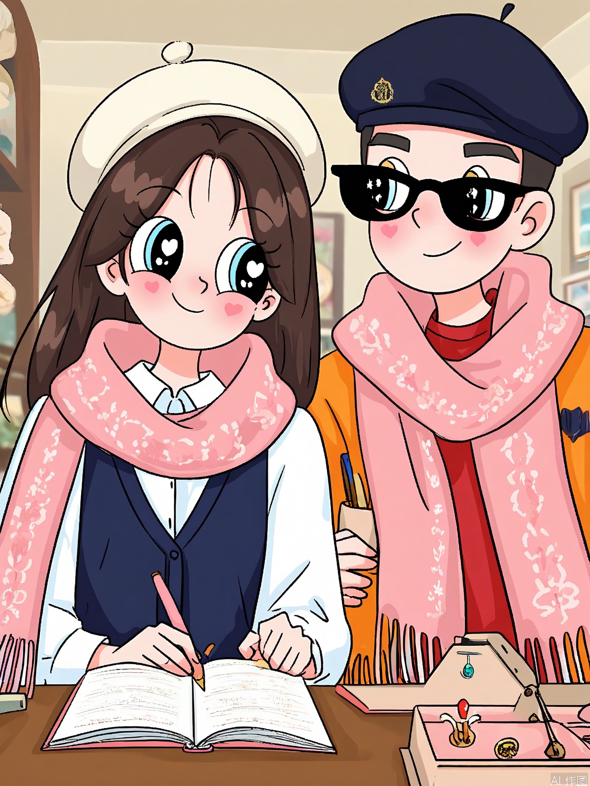 XDGZ, Digital drawing of a cute anime couple, a boy and a girl, visiting a museum together. The girl has long, periwinkle hair with a beret, curious eyes, and is wearing a tweed skirt with a scarf. The boy has short charcoal hair, interested eyes, and is wearing a button-up shirt with a notebook. Both have rosy cheeks and are looking at an exhibit. The background is a museum with paintings and sculptures, in shades of grays and muted tones. The art style is intellectual and sophisticated, with a soft, pastel color palette.
