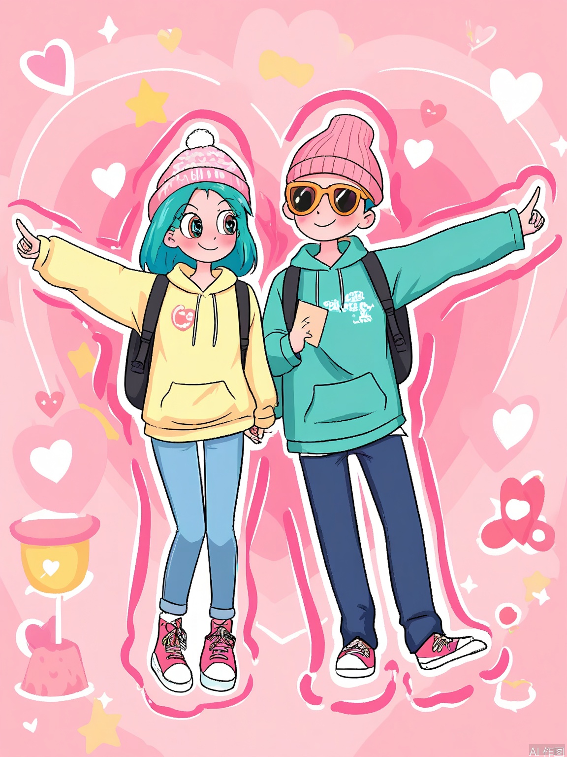 XDGZ, Digital drawing of a cute anime couple, a boy and a girl, exploring a city together. The girl has long, turquoise hair with a backpack, adventurous eyes, and is wearing a hoodie with jeans. The boy has short teal hair, curious eyes, and is wearing a beanie with a map. Both have blushing cheeks and are pointing at landmarks. The background is a bustling city with skyscrapers and street vendors, in shades of grays and neons. The art style is urban and exploratory, with a soft, pastel color palette.
