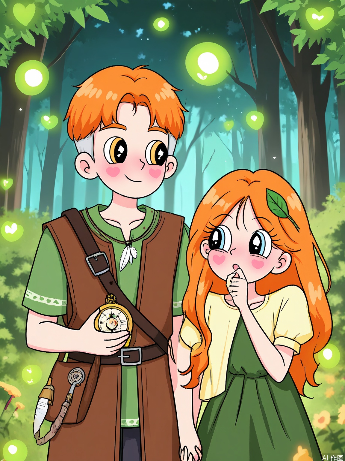 XDGZ, Digital drawing of a cute anime couple, a boy and a girl, exploring a magical forest. The girl has long, braided silver hair with a leaf hairpin, curious eyes, and is wearing a forest green tunic with a feather necklace. The boy has short orange hair, adventurous eyes, and is wearing a brown leather vest with a compass. Both have rosy cheeks and are holding hands as they walk through the trees. The background is a lush forest with glowing mushrooms and fireflies, in shades of emerald and gold. The art style is enchanting and mystical, with a soft, pastel color palette.