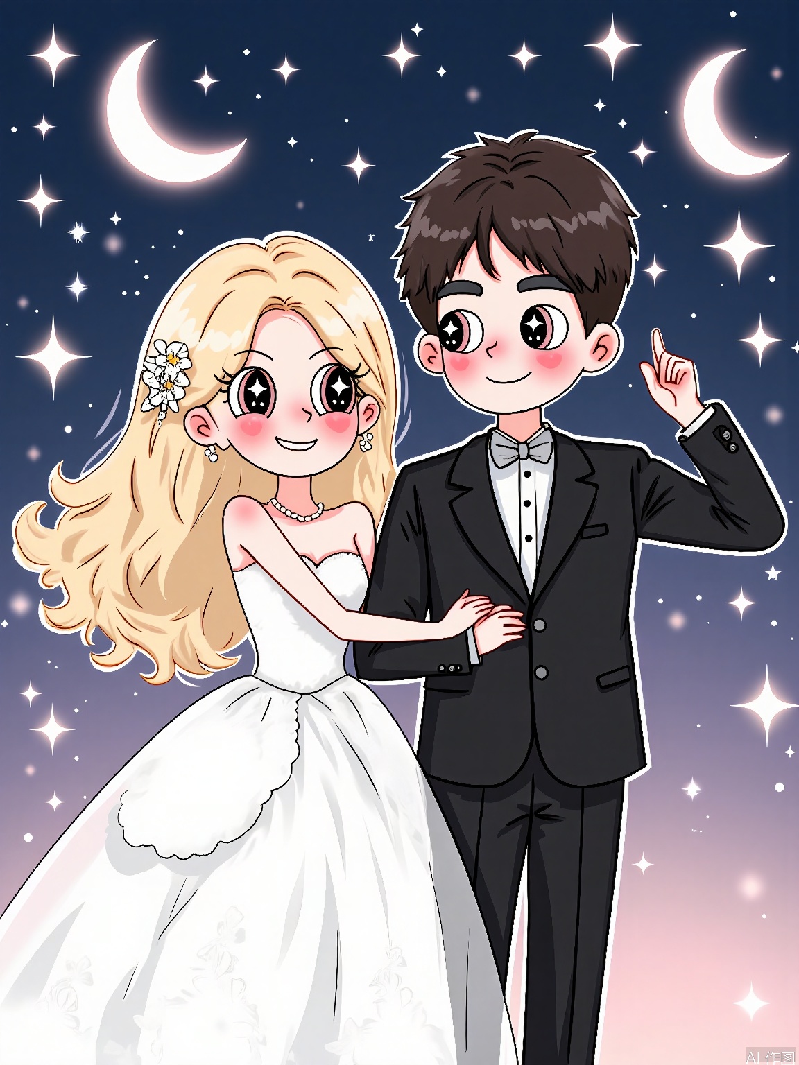 XDGZ, Digital drawing of a cute anime couple, a boy and a girl, dancing under a starry night sky. The girl has long, straight blonde hair with a daisy hairpin, wide innocent eyes, and is wearing a white lace dress with a pearl necklace. The boy has short black hair, intense eyes, and is wearing a black tuxedo with a silver bowtie. Both have rosy cheeks and are twirling around gracefully. The background is a night sky with a crescent moon and twinkling stars, with a soft gradient of blues and purples. The art style is romantic and ethereal, with a soft, pastel color palette.
