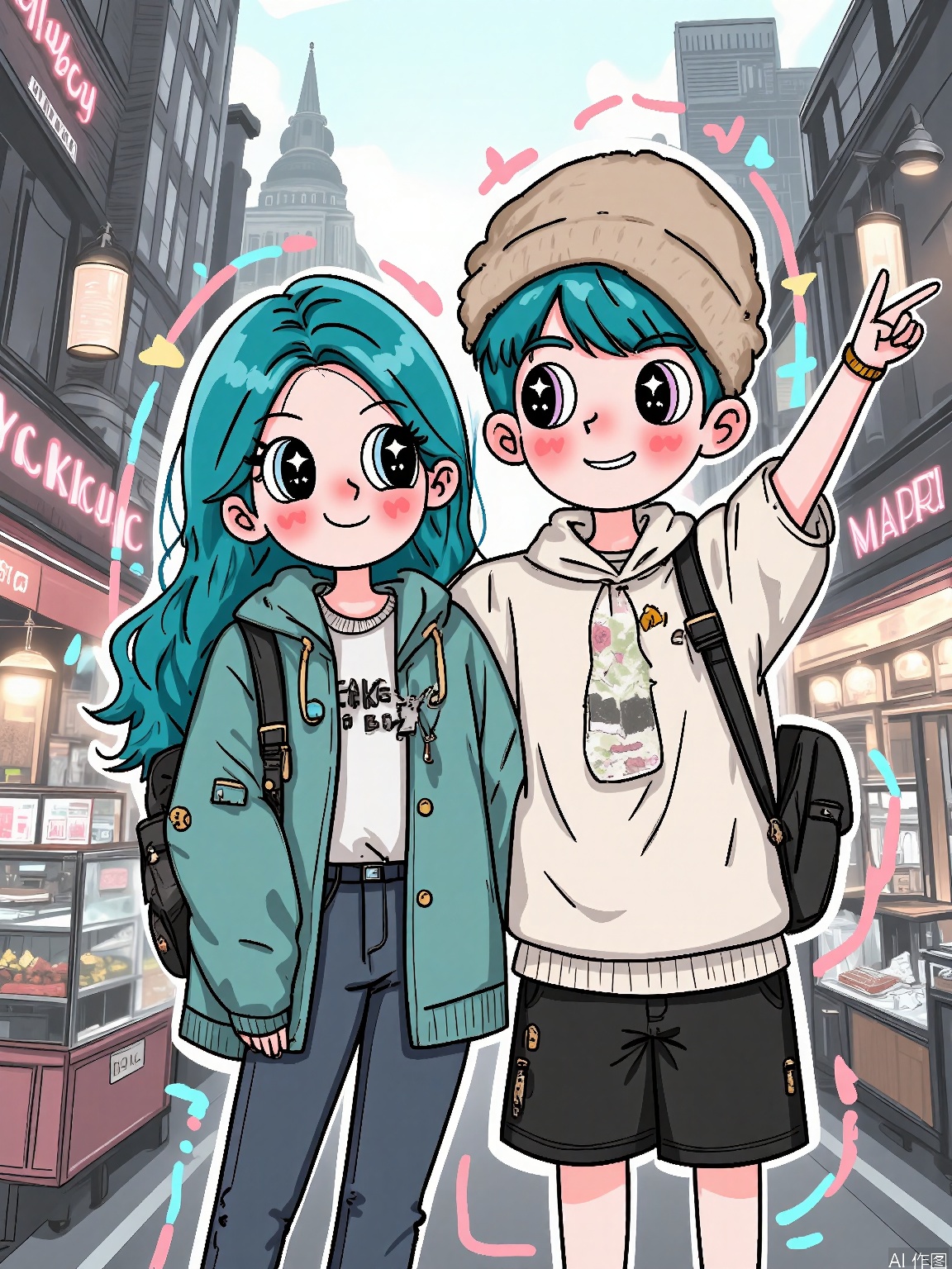 XDGZ, Digital drawing of a cute anime couple, a boy and a girl, exploring a city together. The girl has long, turquoise hair with a backpack, adventurous eyes, and is wearing a hoodie with jeans. The boy has short teal hair, curious eyes, and is wearing a beanie with a map. Both have blushing cheeks and are pointing at landmarks. The background is a bustling city with skyscrapers and street vendors, in shades of grays and neons. The art style is urban and exploratory, with a soft, pastel color palette.
