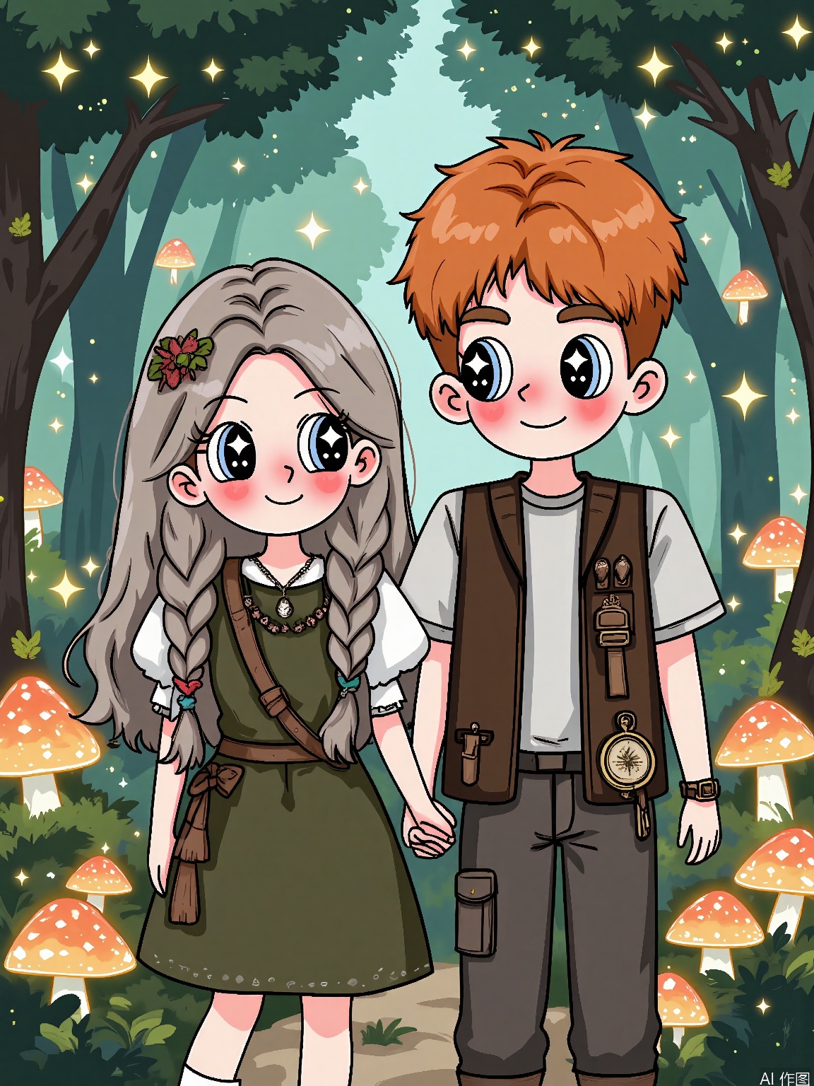 XDGZ, Digital drawing of a cute anime couple, a boy and a girl, exploring a magical forest. The girl has long, braided silver hair with a leaf hairpin, curious eyes, and is wearing a forest green tunic with a feather necklace. The boy has short orange hair, adventurous eyes, and is wearing a brown leather vest with a compass. Both have rosy cheeks and are holding hands as they walk through the trees. The background is a lush forest with glowing mushrooms and fireflies, in shades of emerald and gold. The art style is enchanting and mystical, with a soft, pastel color palette.
