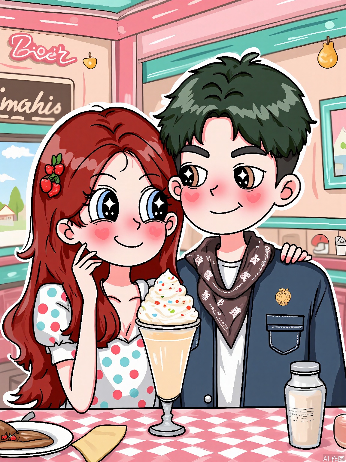 XDGZ, Digital drawing of a cute anime couple, a boy and a girl, sharing a milkshake at a retro diner. The girl has long, wavy red hair with a cherry hairpin, big round eyes, and is wearing a polka dot dress with a red bow. The boy has short green hair, mischievous eyes, and is wearing a denim jacket with a bandana. Both have blushing cheeks and are smiling at each other. The background is a 50s-style diner with checkered floors and neon signs, in shades of pink and mint green. The art style is nostalgic and playful, with a pastel color palette.
