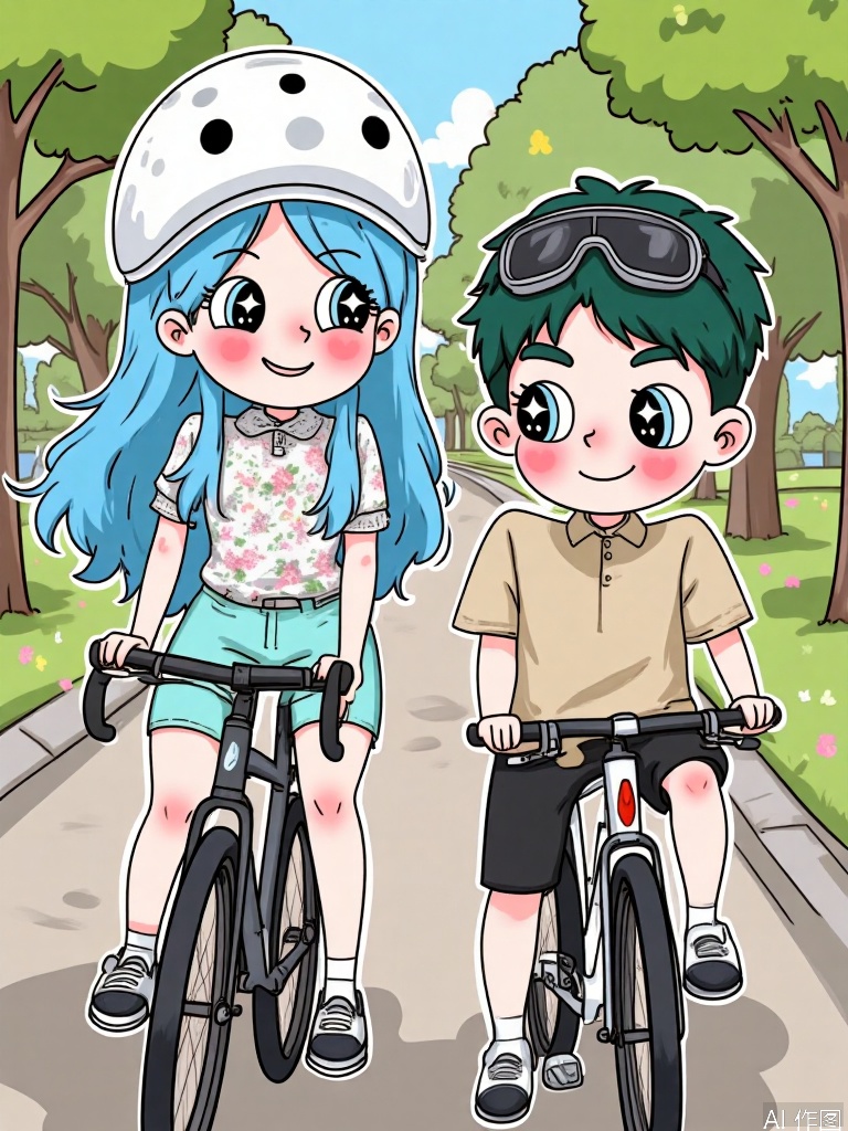 XDGZ, Digital drawing of a cute anime couple, a boy and a girl, riding bicycles together in a park. The girl has long, sky blue hair with a helmet, happy eyes, and is wearing a cycling jersey with shorts. The boy has short forest green hair, carefree eyes, and is wearing a biking outfit with goggles. Both have blushing cheeks and are smiling as they ride. The background is a park with trees and a bike path, in shades of greens and blues. The art style is active and outdoorsy, with a soft, pastel color palette.
