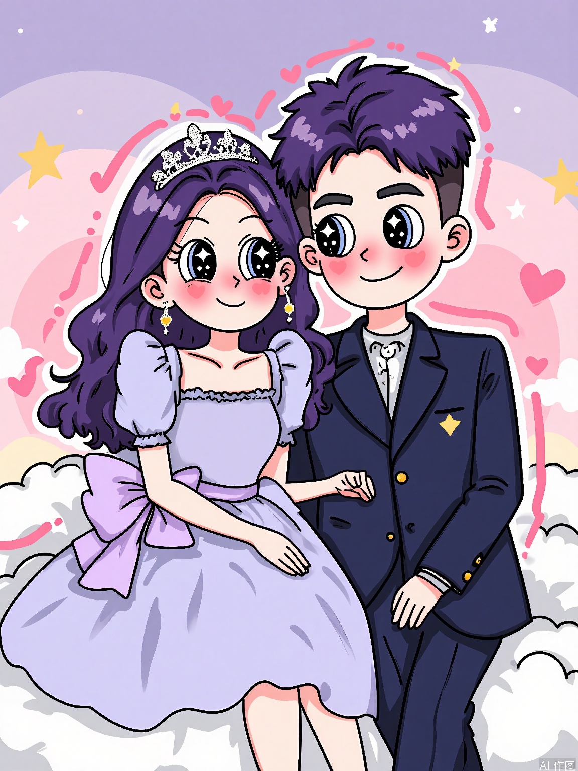 XDGZ, Digital drawing of a cute anime couple, a boy and a girl, sitting side by side on a fluffy cloud. The girl has long, curly purple hair with a silver tiara, big sparkling eyes, and is wearing a lavender dress with a moon pendant. The boy has spiky blue hair, bright eyes, and is wearing a navy blue suit with a star pin. Both have blushing cheeks and are holding hands. The background is a dreamy sky with soft pink and purple hues, filled with tiny stars and floating hearts. The art style is whimsical and enchanting, with a pastel color palette.
