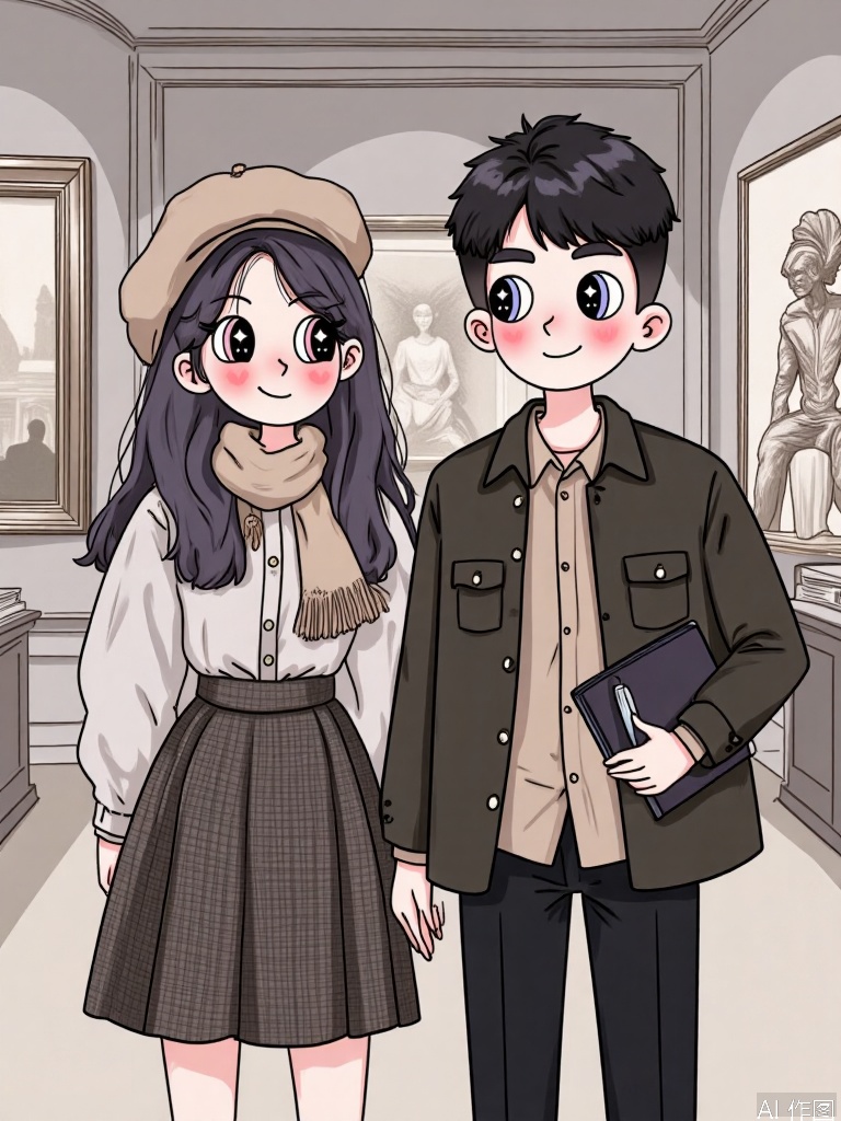 XDGZ, Digital drawing of a cute anime couple, a boy and a girl, visiting a museum together. The girl has long, periwinkle hair with a beret, curious eyes, and is wearing a tweed skirt with a scarf. The boy has short charcoal hair, interested eyes, and is wearing a button-up shirt with a notebook. Both have rosy cheeks and are looking at an exhibit. The background is a museum with paintings and sculptures, in shades of grays and muted tones. The art style is intellectual and sophisticated, with a soft, pastel color palette.
