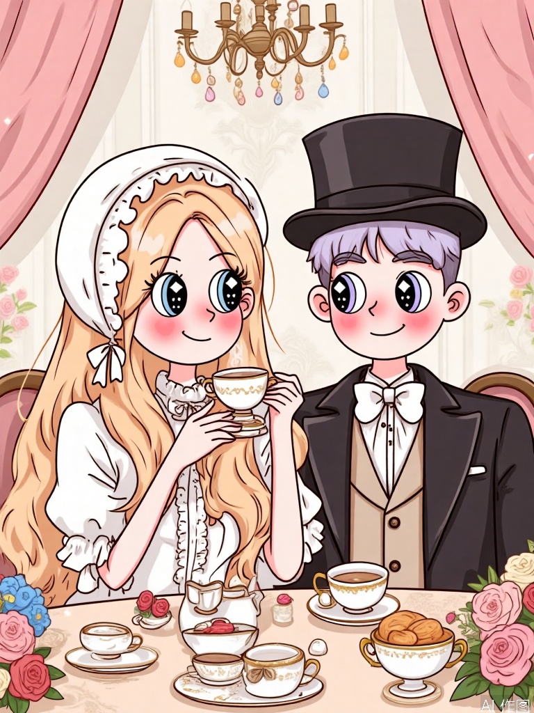 XDGZ, Digital drawing of a cute anime couple, a boy and a girl, having a tea party together. The girl has long, peach hair with a bonnet, delicate eyes, and is wearing a frilly dress with a lace shawl. The boy has short lavender hair, polite eyes, and is wearing a waistcoat with a top hat. Both have rosy cheeks and are sipping tea from delicate cups. The background is a Victorian-style tea room with floral wallpaper and a chandelier, in shades of pinks and golds. The art style is elegant and refined, with a soft, pastel color palette.

