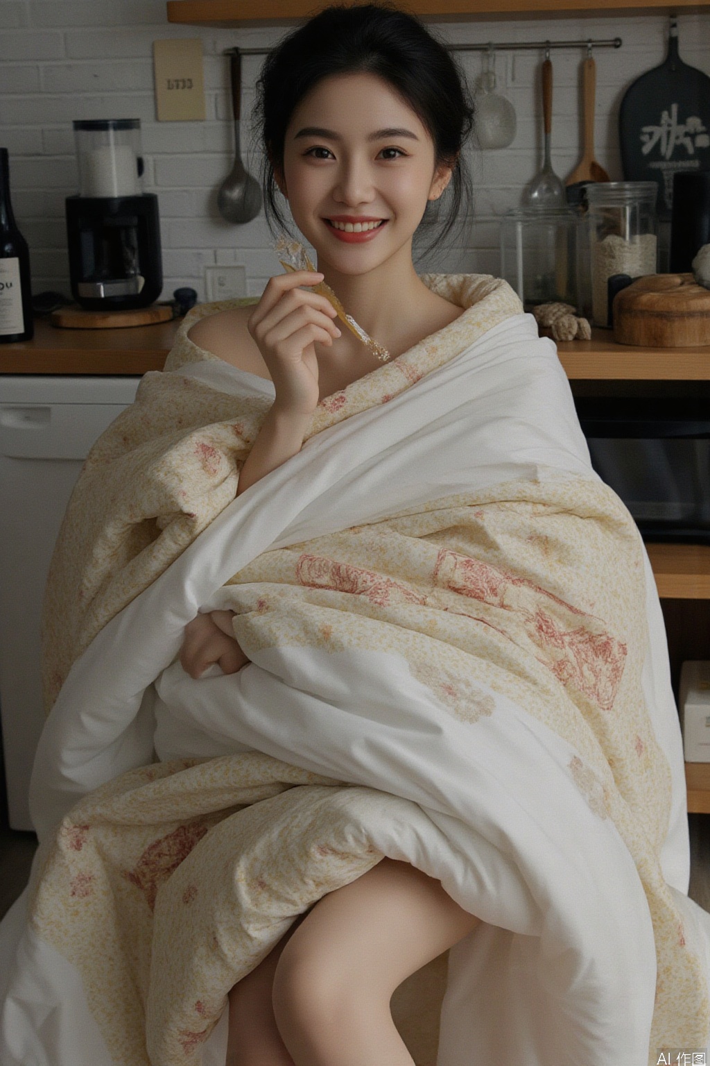 1girl, solo, looking at viewer, smile, short hair, black hair, food, teeth, indoors, grin, realistic, kitchen,Wrapped in a quilt,Leak out of the leg