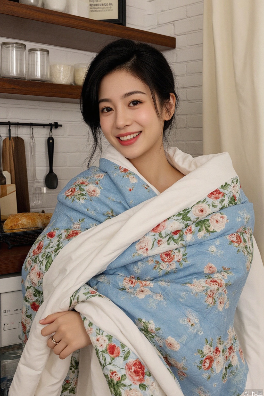 1girl, solo, looking at viewer, smile, short hair, black hair, food, teeth, indoors, grin, realistic, kitchen,Wrapped in a quilt