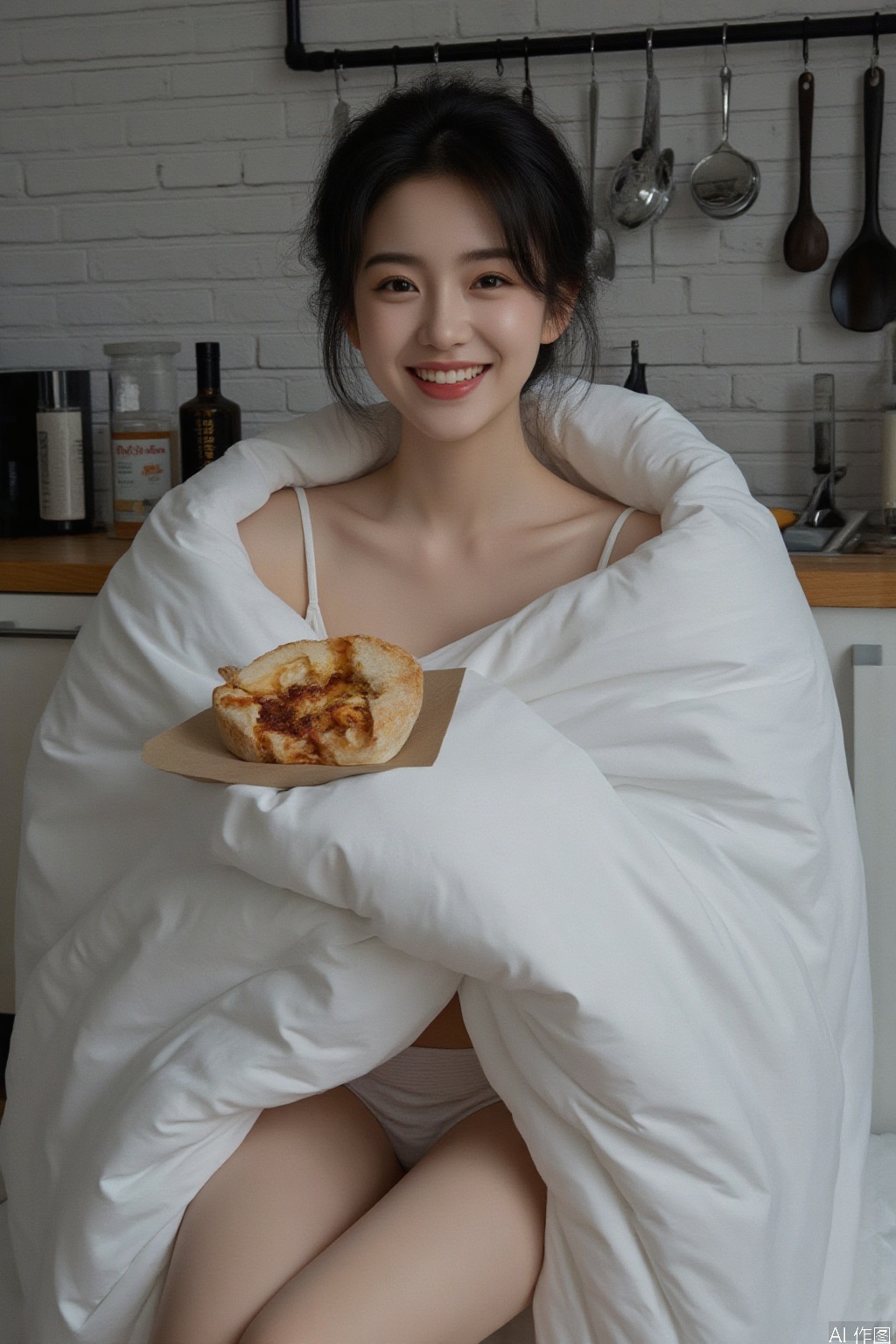 1girl, solo, looking at viewer, smile, short hair, black hair, food, teeth, indoors, grin, realistic, kitchen,Wrapped in a quilt,Leakage of thigh