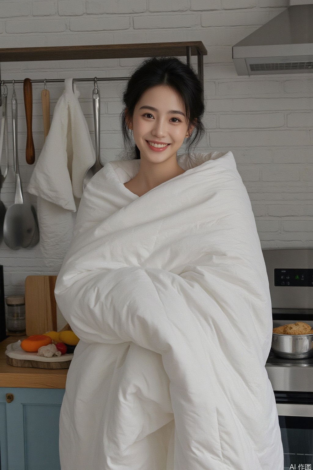 1girl, solo, looking at viewer, smile, short hair, black hair, food, teeth, indoors, grin, realistic, kitchen,Wrapped in a quilt