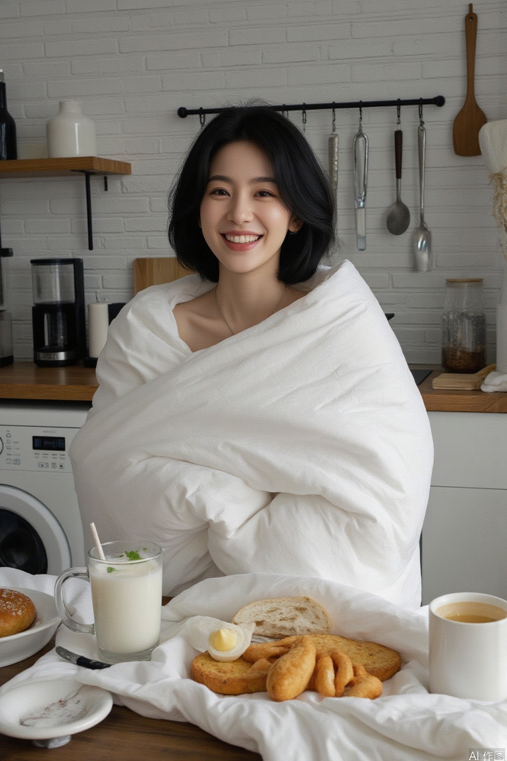1girl, solo, looking at viewer, smile, short hair, black hair, food, teeth, indoors, grin, realistic, kitchen,Wrapped in a quilt,Leak snow-white skin