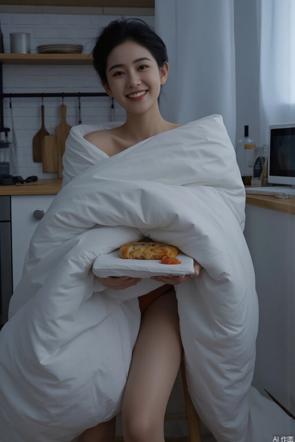 1girl, solo, looking at viewer, smile, short hair, black hair, food, teeth, indoors, grin, realistic, kitchen,Wrapped in a quilt,Leak out of the leg