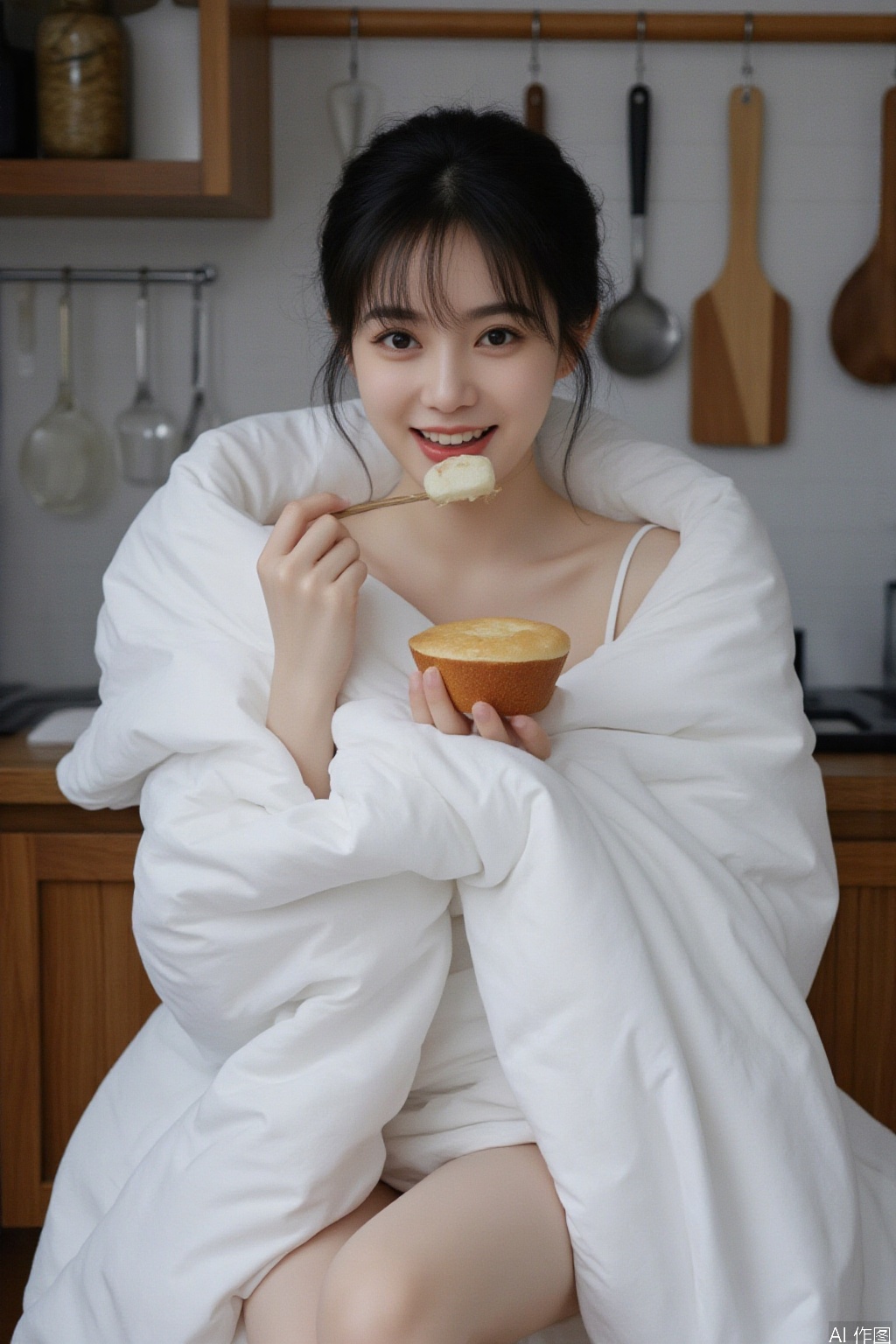1girl, solo, looking at viewer, smile, short hair, black hair, food, teeth, indoors, grin, realistic, kitchen,Wrapped in a quilt,Leakage of thigh