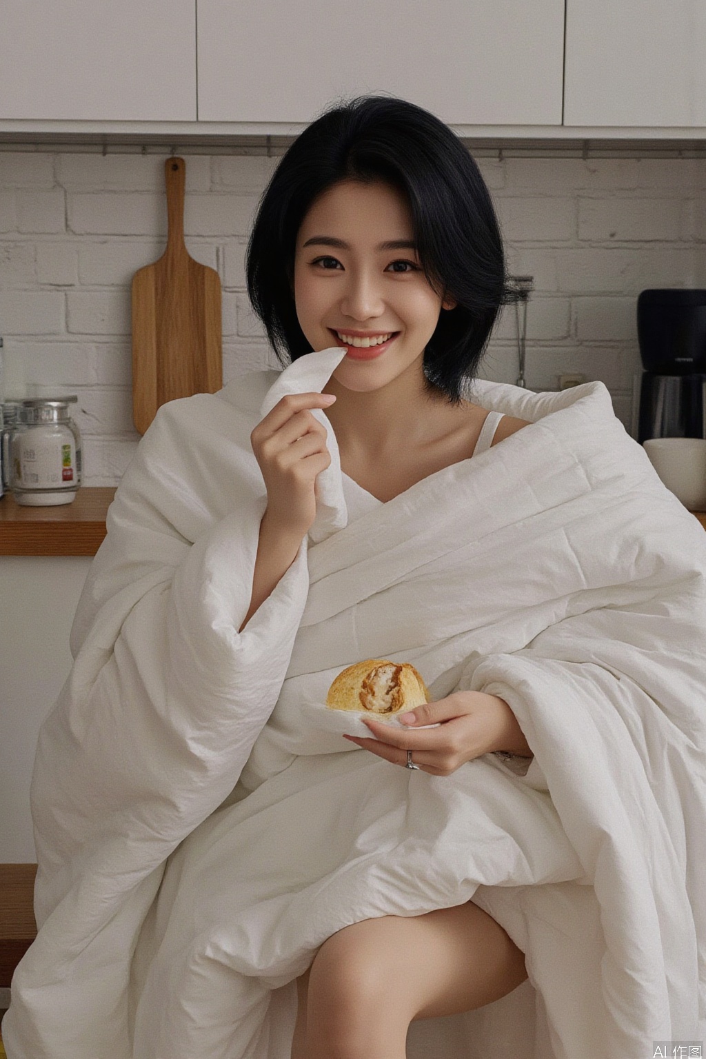1girl, solo, looking at viewer, smile, short hair, black hair, food, teeth, indoors, grin, realistic, kitchen,Wrapped in a quilt,Leak out of the leg