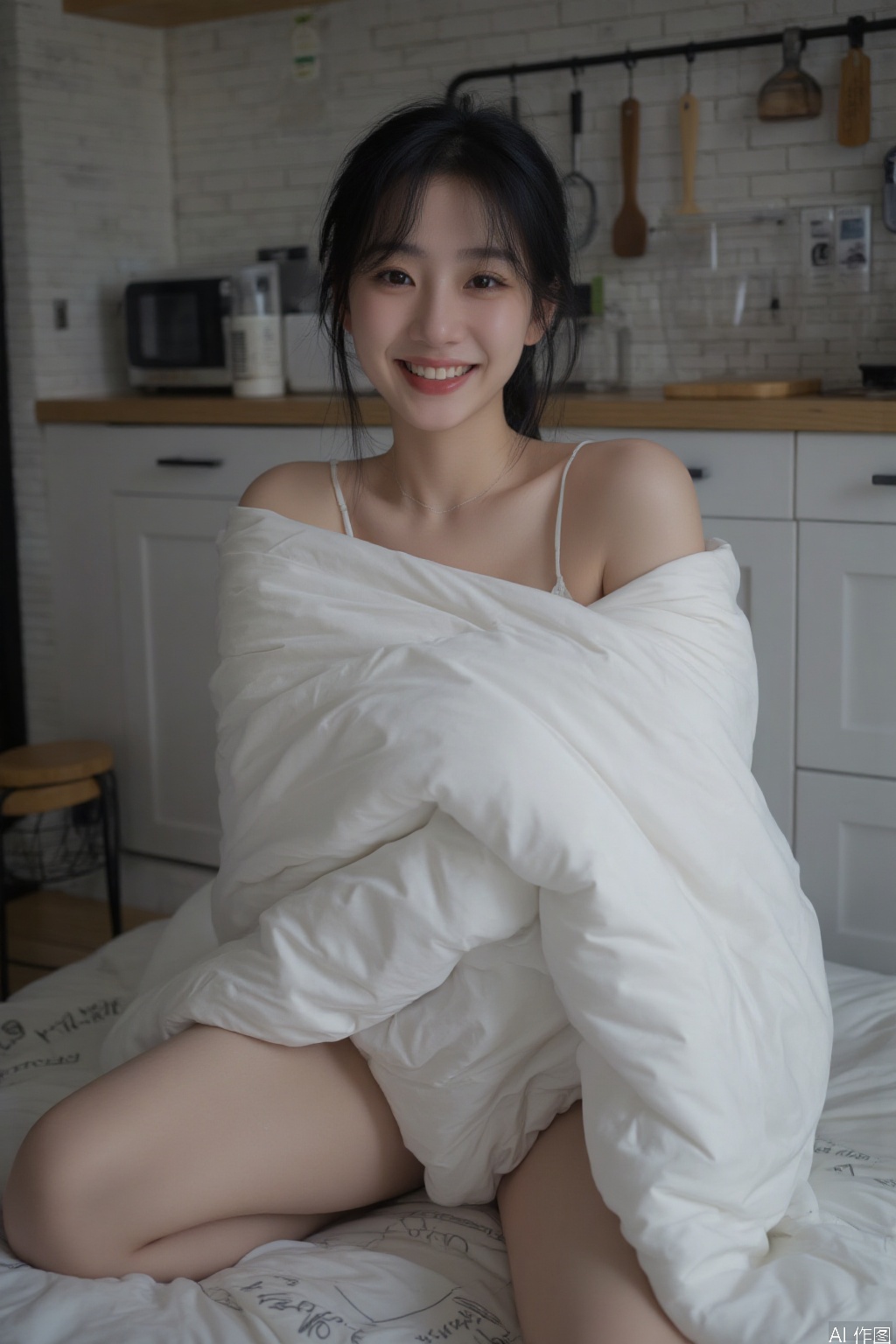 1girl, solo, looking at viewer, smile, short hair, black hair, food, teeth, indoors, grin, realistic, kitchen,Wrapped in a quilt,Leak out of the leg