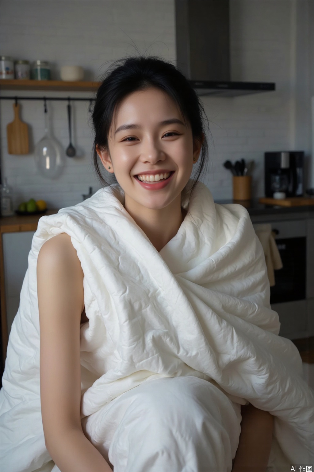 1girl, solo, looking at viewer, smile, short hair, black hair, food, teeth, indoors, grin, realistic, kitchen,Wrapped in a quilt,Leak out of the leg