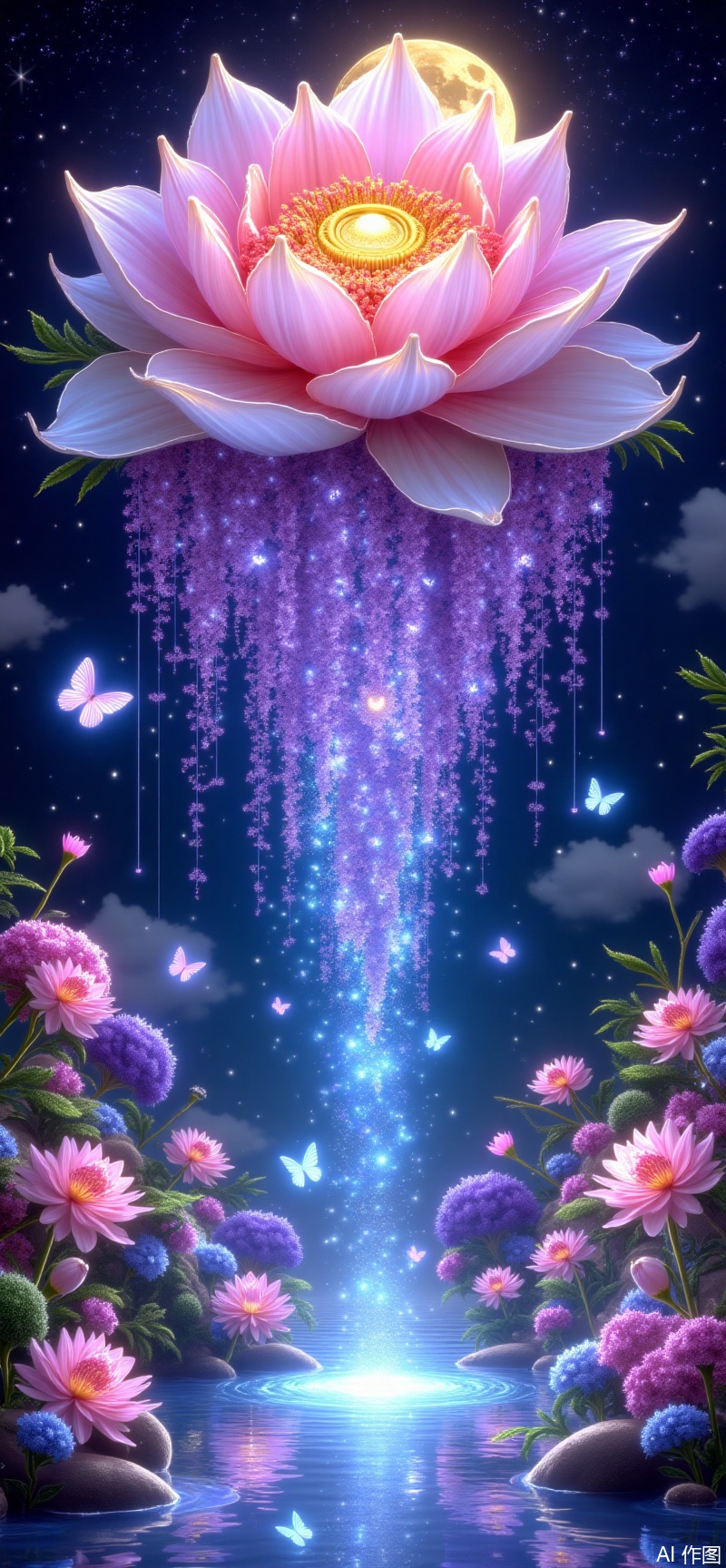 Giant peony holds up the moon, and the crystal palace sleeps in the flower core - The waterfall is composed of hanging wisteria flowers, which falls to the ground and turns into a group of blue flashing butterflies
