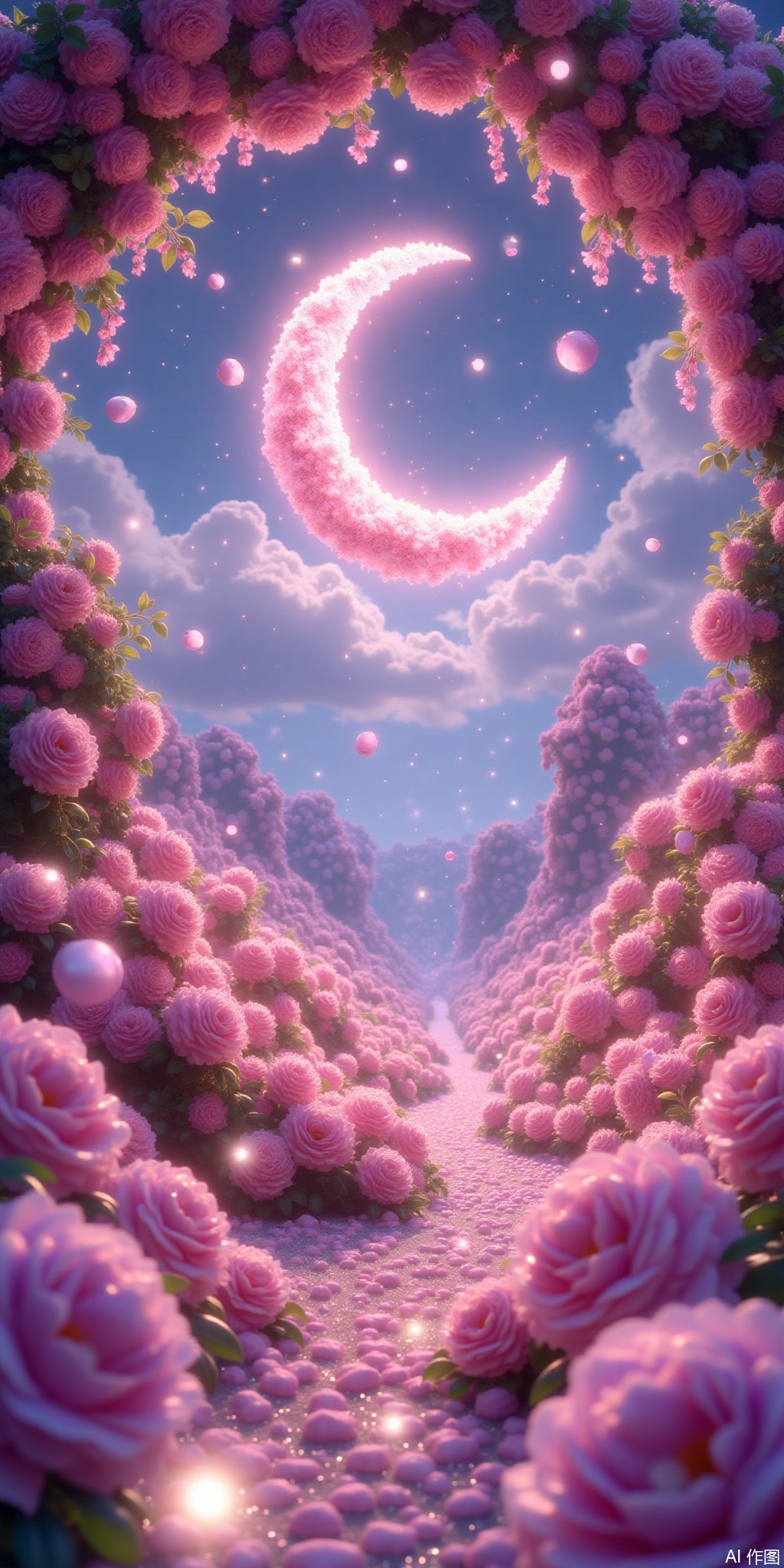 A dreamy world covered by an endless sea of ​​flowers, the sky is hung with a moon woven by a moon woven by a flower, emitting a soft fluorescence. The moonlight shines, the petals flutter in the wind, and the whole world is immersed in the gentle and romantic pink and purple tones, like a fairy tale-like fairyland.