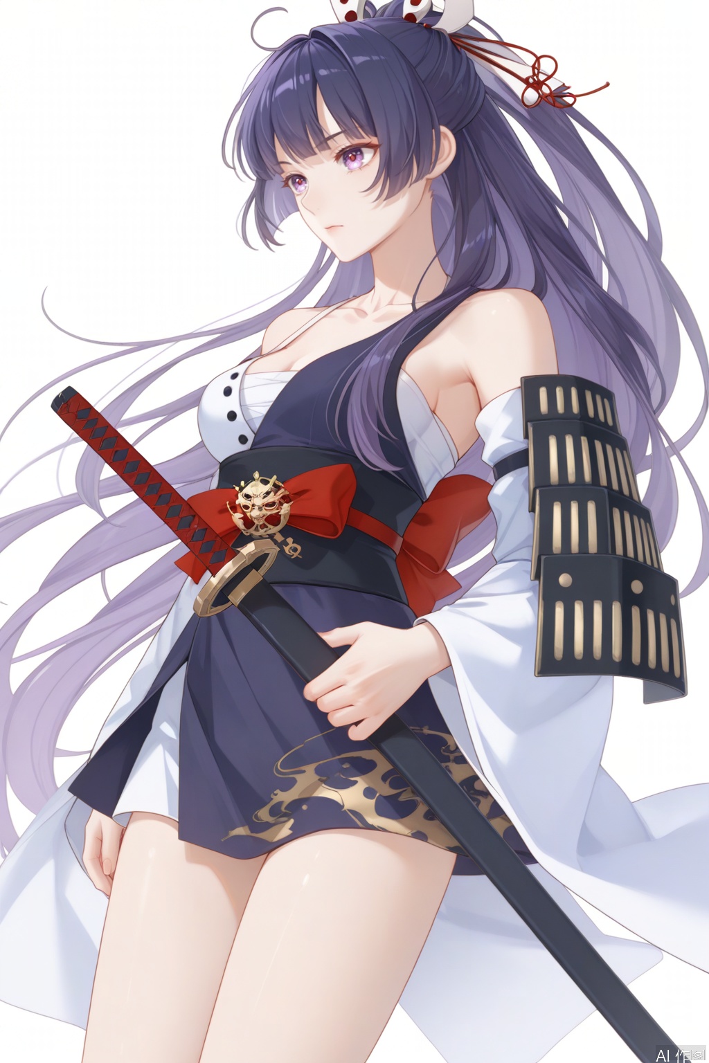 solo,(white background:1.2),simple background,Hokushin_Mei,anyart_style,Raiden_Mei,long hair,black hair,bangs,purple eyes,red eyes,kimono,off shoulder,japanese clothes,armor,breasts,medium breasts,japanese armor,hair ornament,ponytail,katana,tanzaku,sheath,hair ornament,full_body