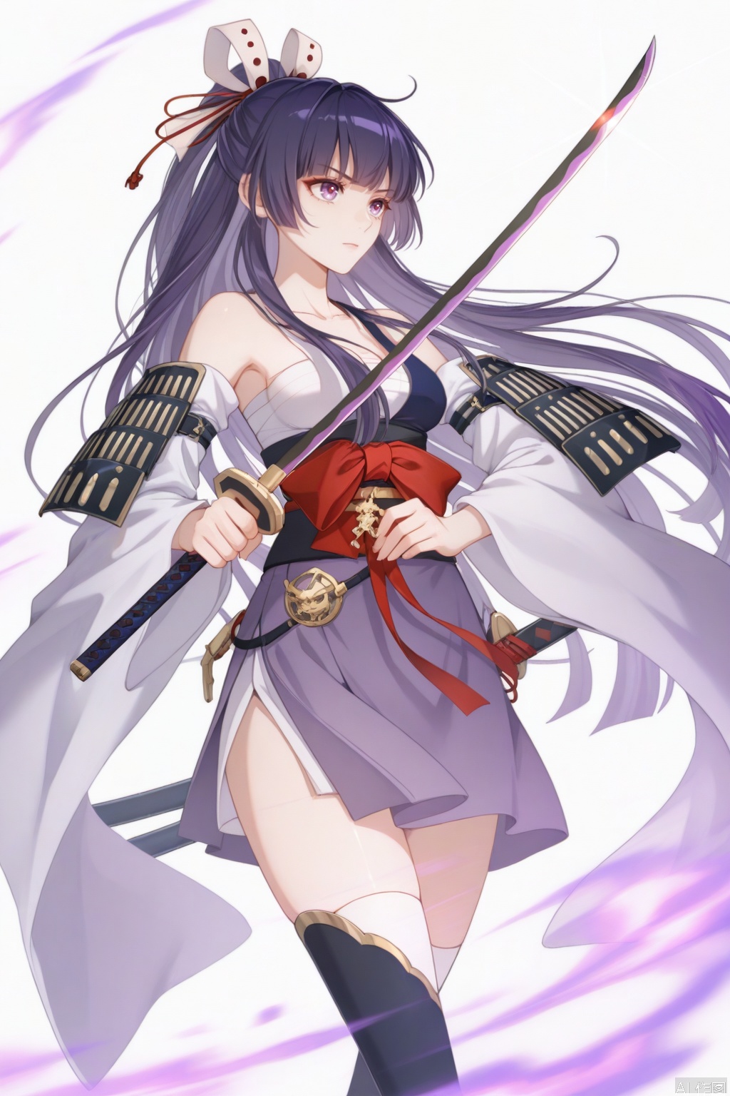 solo,(white background:1.2),simple background,Hokushin_Mei,anyart_style,Raiden_Mei,long hair,black hair,bangs,purple eyes,red eyes,kimono,off shoulder,japanese clothes,armor,breasts,medium breasts,japanese armor,hair ornament,ponytail,katana,tanzaku,sheath,hair ornament,full_body