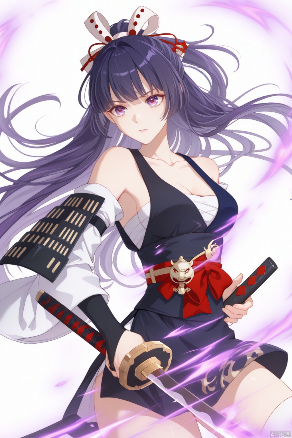 solo,(white background:1.2),simple background,Hokushin_Mei,anyart_style,Raiden_Mei,long hair,black hair,bangs,purple eyes,red eyes,kimono,off shoulder,japanese clothes,armor,breasts,medium breasts,japanese armor,hair ornament,ponytail,katana,tanzaku,sheath,hair ornament,full_body
