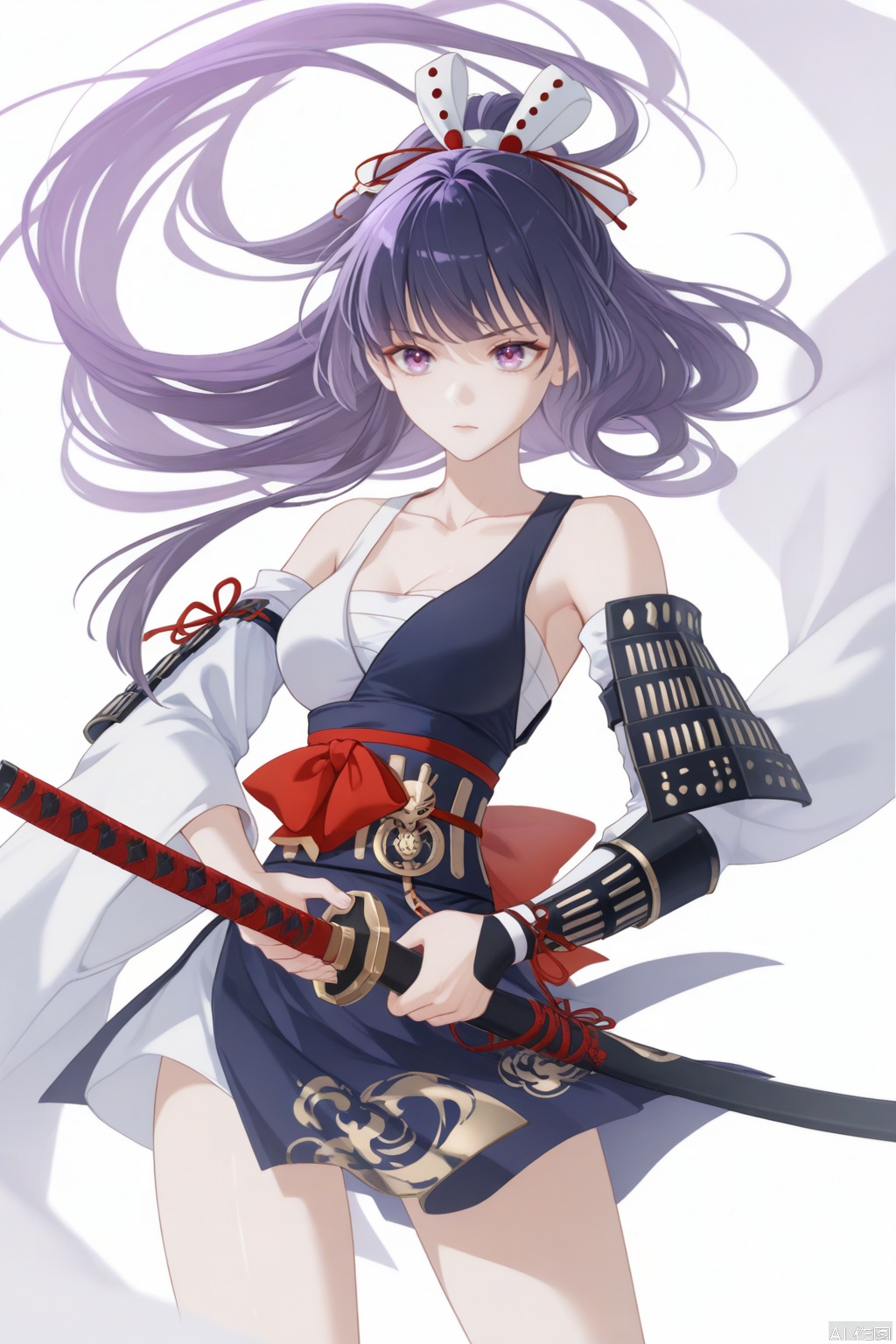 solo,(white background:1.2),simple background,Hokushin_Mei,anyart_style,Raiden_Mei,long hair,black hair,bangs,purple eyes,red eyes,kimono,off shoulder,japanese clothes,armor,breasts,medium breasts,japanese armor,hair ornament,ponytail,katana,tanzaku,sheath,hair ornament,full_body