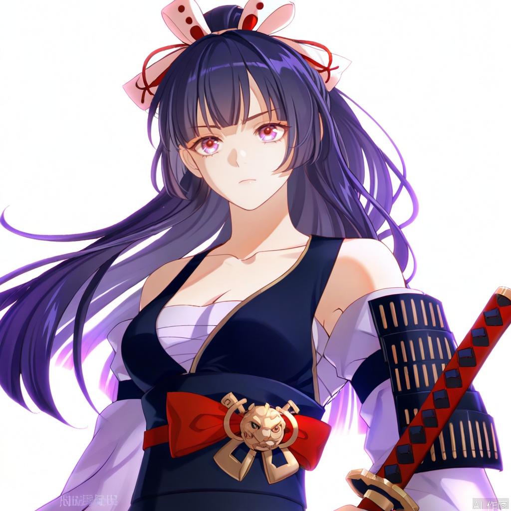 solo,(white background:1.2),simple background,Hokushin_Mei,anyart_style,Raiden_Mei,long hair,black hair,bangs,purple eyes,red eyes,kimono,off shoulder,japanese clothes,armor,breasts,medium breasts,japanese armor,hair ornament,ponytail,katana,tanzaku,sheath,hair ornament