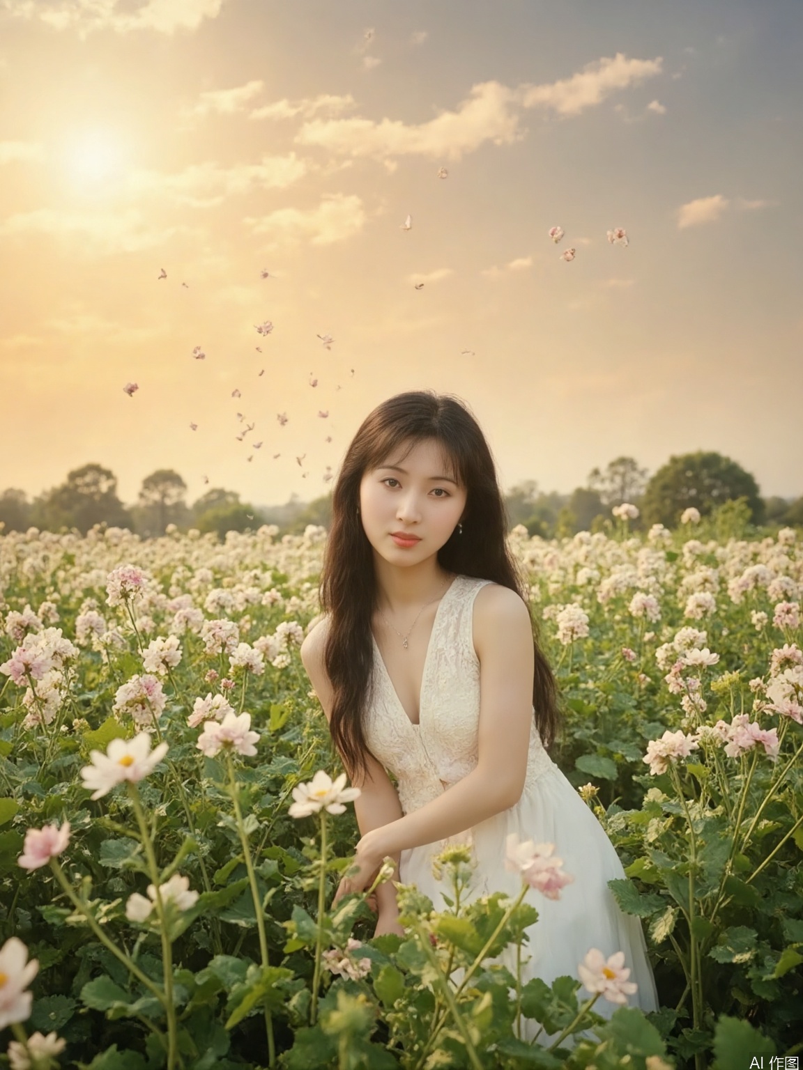 This is a highly detailed digital close-up and tilt shot artwork in a bright fantasy style, intricate tetradic colors in every details, a beautiful 22 years old Chinese girl, looking at viewer, head tilt, leaning forward, A lone girl with wavy black hair, wearing white dress, stands in windy flower field with grass, sun glare, heavenly cloudy sky, (clouds spiral:0.8), a macabre tapestry of clouds reaching towards viewer, falling petals, light cascading from an unseen aperture above. A low camera angle emphasizes the girl's with the overwhelming warm vibes.
