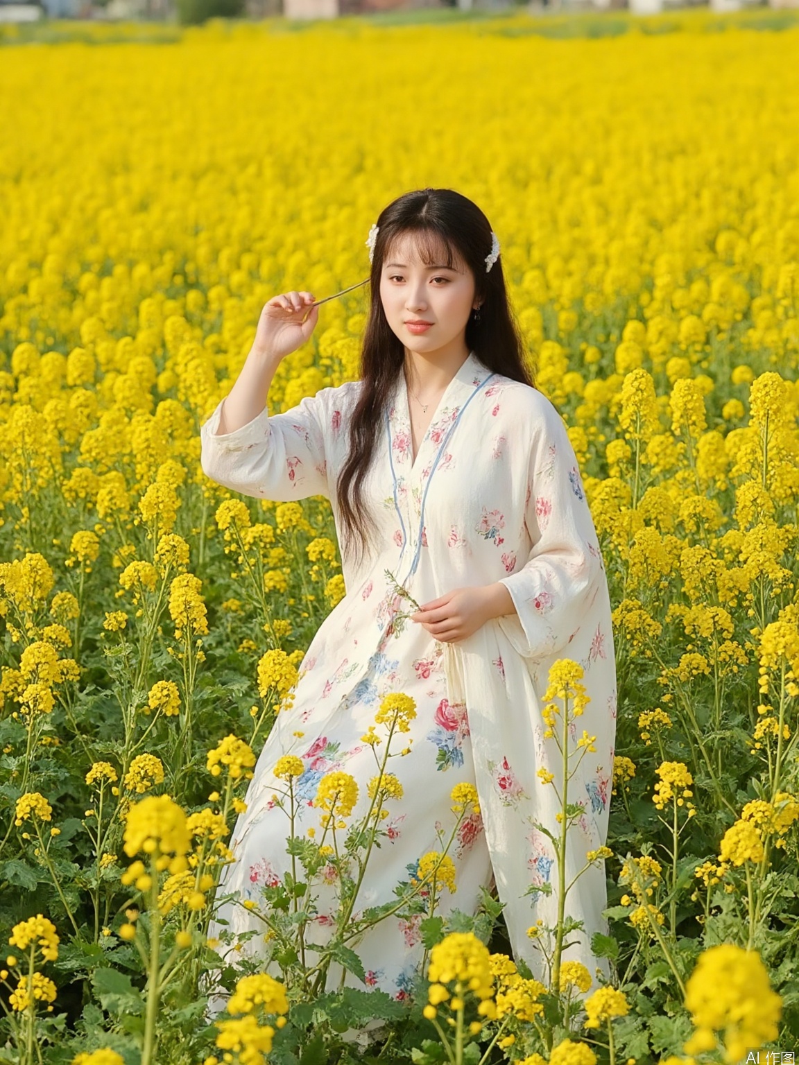 In the golden rapeseed flowers, a beautiful woman walked out like a painting. Her skin is like jade and pink, her eyes are bright, her eyebrows are like willow leaves, and her cherry lips are smiling. The long hair is intertwined with flowers, wearing a floral skirt, the corners of the skirt are flying, and the flowers are blending together, showing the beauty of spring.