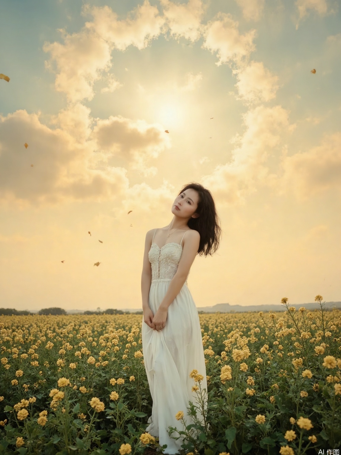 This is a highly detailed digital close-up and tilt shot artwork in a bright fantasy style, intricate tetradic colors in every details, a beautiful 22 years old Chinese girl, looking at viewer, head tilt, leaning forward, A lone girl with wavy black hair, wearing white dress, stands in windy flower field with grass, sun glare, heavenly cloudy sky, (clouds spiral:0.8), a macabre tapestry of clouds reaching towards viewer, falling petals, light cascading from an unseen aperture above. A low camera angle emphasizes the girl's with the overwhelming warm vibes.
