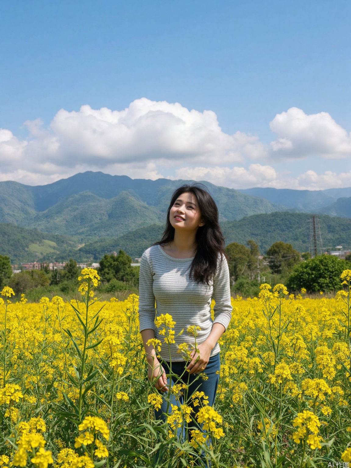 The image shows a person standing in a field of vibrant yellow flowers, likely rapeseed, under a clear blue sky with a few scattered clouds. The person is wearing a striped long-sleeve shirt and has long dark hair. They are smiling and looking upwards, seemingly enjoying the sunny day. In the background, there are rolling green hills and mountains, with some power lines visible against the sky. The overall scene is bright and cheerful, with a focus on the natural beauty of the field and the person standing amidst the flowers.,Rapeseed bush
