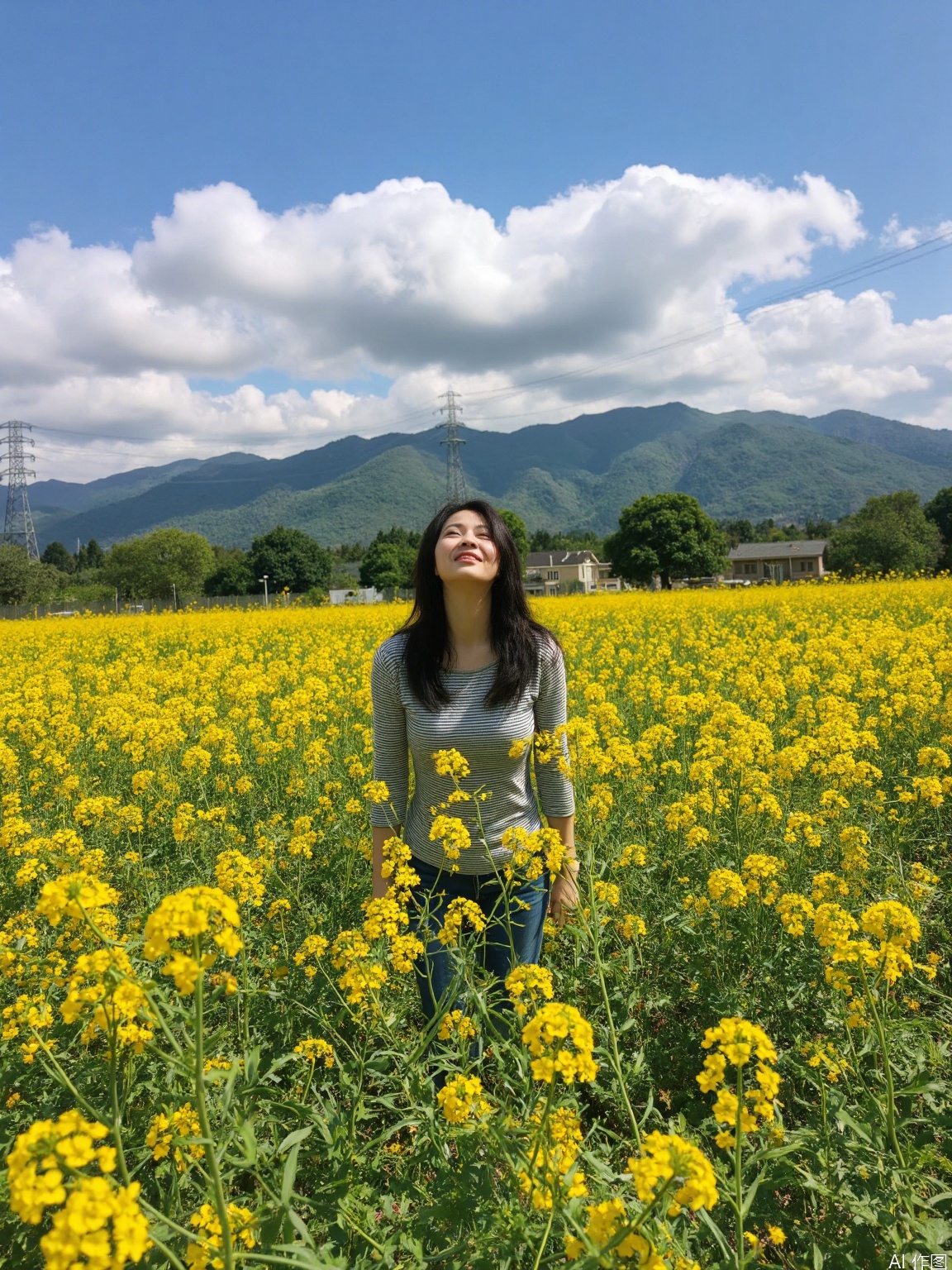 The image shows a person standing in a field of vibrant yellow flowers, likely rapeseed, under a clear blue sky with a few scattered clouds. The person is wearing a striped long-sleeve shirt and has long dark hair. They are smiling and looking upwards, seemingly enjoying the sunny day. In the background, there are rolling green hills and mountains, with some power lines visible against the sky. The overall scene is bright and cheerful, with a focus on the natural beauty of the field and the person standing amidst the flowers.,Rapeseed bush