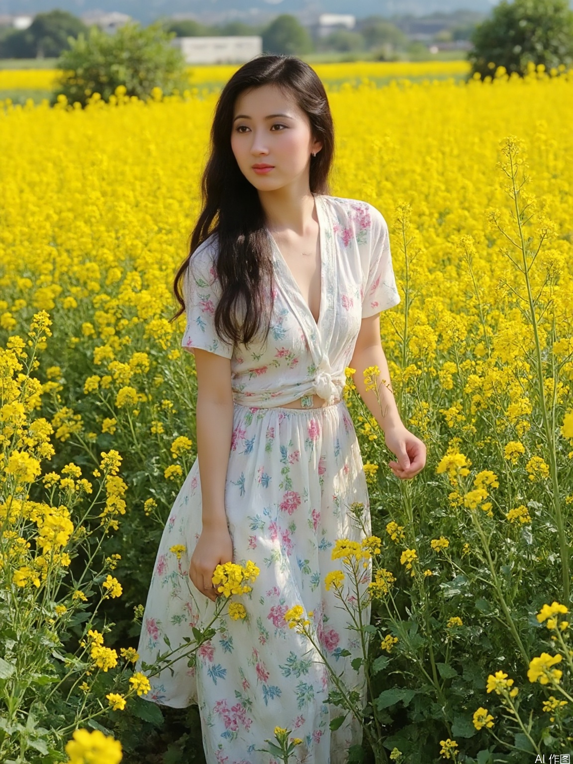 In the golden rapeseed flowers, a beautiful woman walked out like a painting. Her skin is like jade and pink, her eyes are bright, her eyebrows are like willow leaves, and her cherry lips are smiling. The long hair is intertwined with flowers, wearing a floral skirt, the corners of the skirt are flying, and the flowers are blending together, showing the beauty of spring.