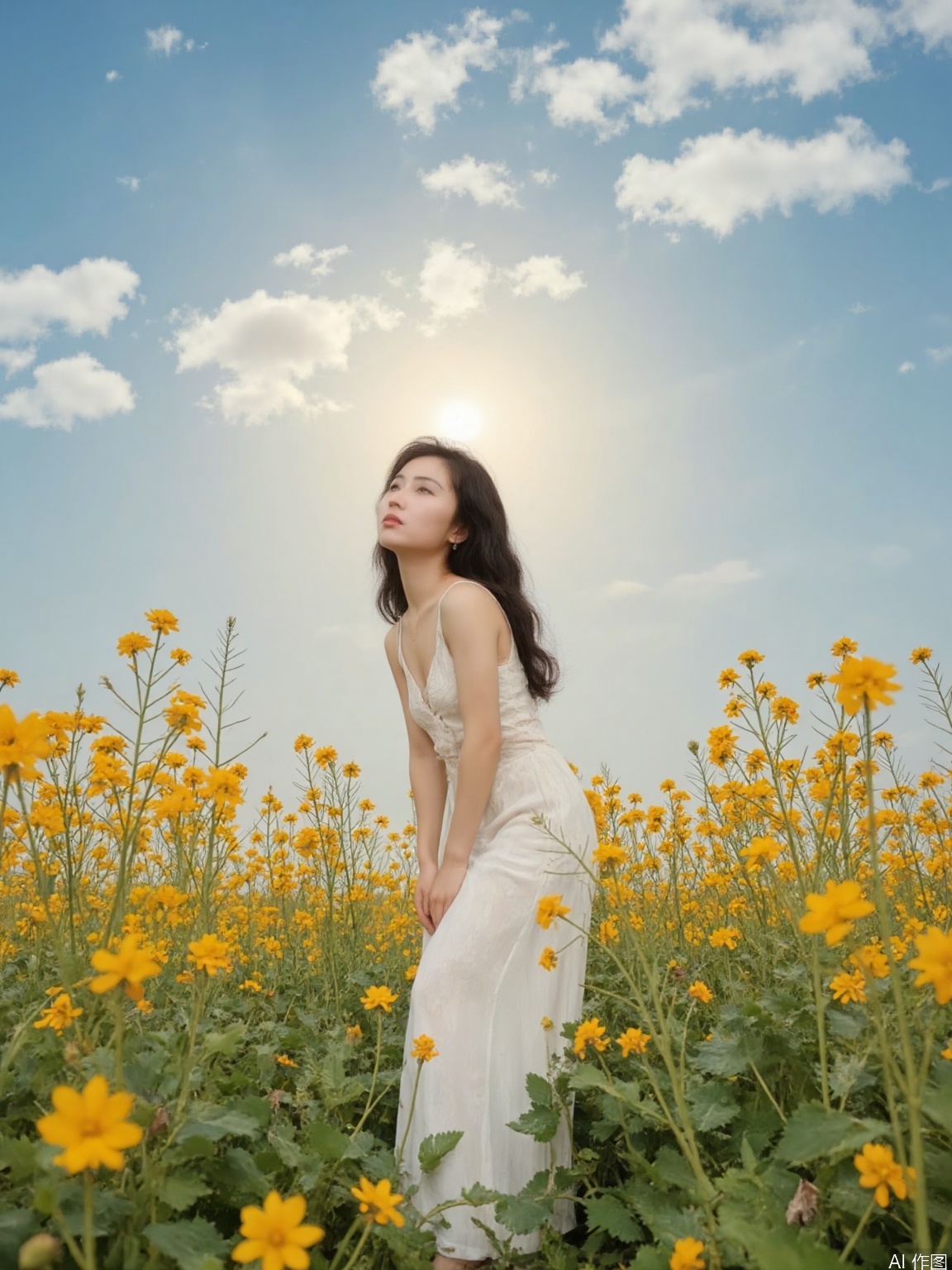 This is a highly detailed digital close-up and tilt shot artwork in a bright fantasy style, intricate tetradic colors in every details, a beautiful 22 years old Chinese girl, looking at viewer, head tilt, leaning forward, A lone girl with wavy black hair, wearing white dress, stands in windy flower field with grass, sun glare, heavenly cloudy sky, (clouds spiral:0.8), a macabre tapestry of clouds reaching towards viewer, falling petals, light cascading from an unseen aperture above. A low camera angle emphasizes the girl's with the overwhelming warm vibes.
