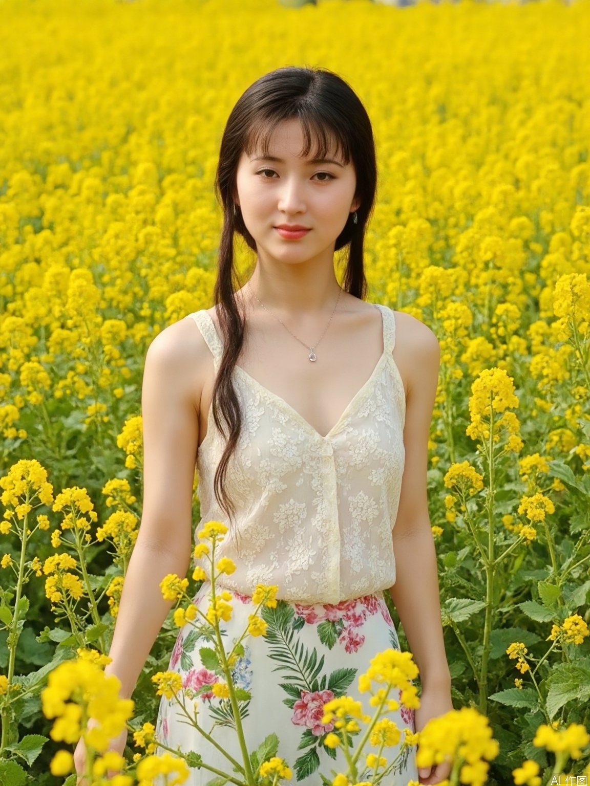 In the golden rapeseed flowers, a beautiful woman walked out like a painting. Her skin is like jade and pink, her eyes are bright, her eyebrows are like willow leaves, and her cherry lips are smiling. The long hair is intertwined with flowers, wearing a floral skirt, the corners of the skirt are flying, and the flowers are blending together, showing the beauty of spring.