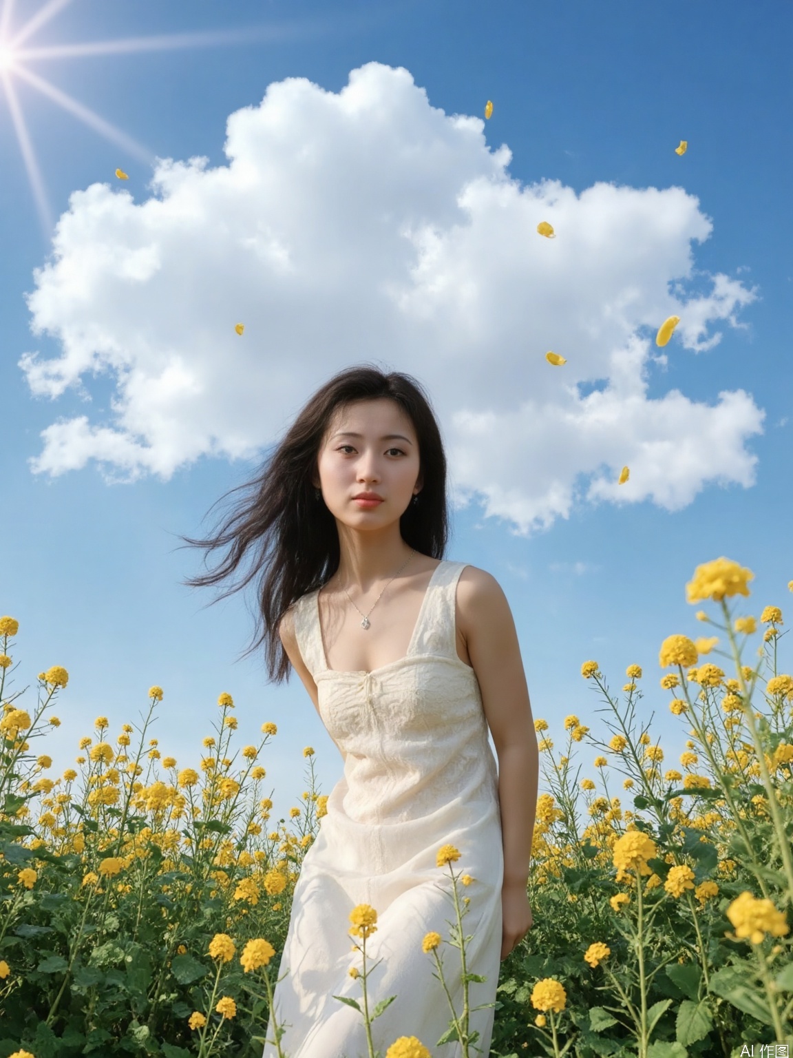 This is a highly detailed digital close-up and tilt shot artwork in a bright fantasy style, intricate tetradic colors in every details, a beautiful 22 years old Chinese girl, looking at viewer, head tilt, leaning forward, A lone girl with wavy black hair, wearing white dress, stands in windy flower field with grass, sun glare, heavenly cloudy sky, (clouds spiral:0.8), a macabre tapestry of clouds reaching towards viewer, falling petals, light cascading from an unseen aperture above. A low camera angle emphasizes the girl's with the overwhelming warm vibes.
